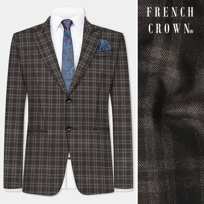 Espresso Brown Plaid Wool Blend Single Breasted Blazer sold by French Crown