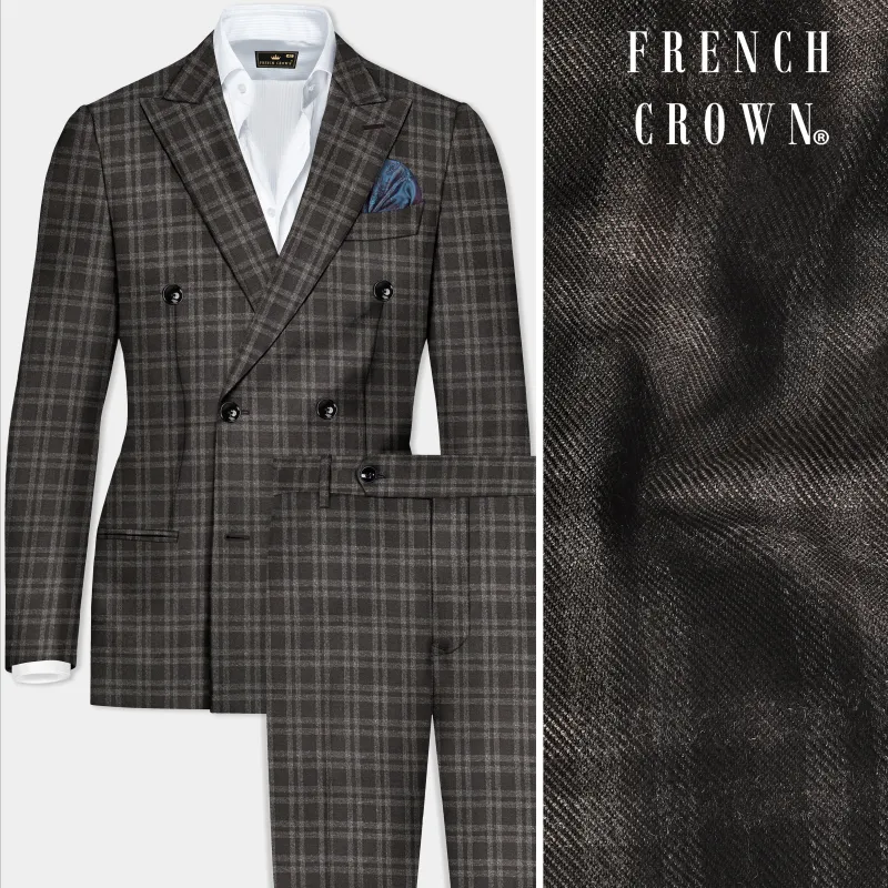 Espresso Brown Plaid Wool Blend Double Breasted Suit sold by French Crown