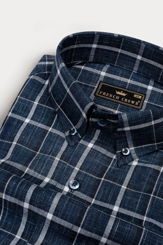 Cloud Burst Blue and Jade Black Plaid Chambray Shirt sold by French Crown