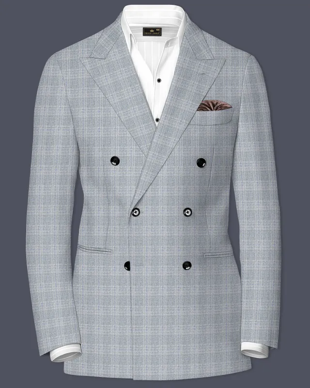 Nobel Grey Subtle Plaid Double-Breasted Wool Rich Blazer sold by French Crown