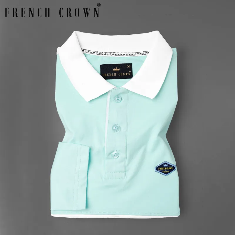 Botticelli Sea Blue with White Patch Design Organic Cotton Mercerised Pique Polo sold by French Crown