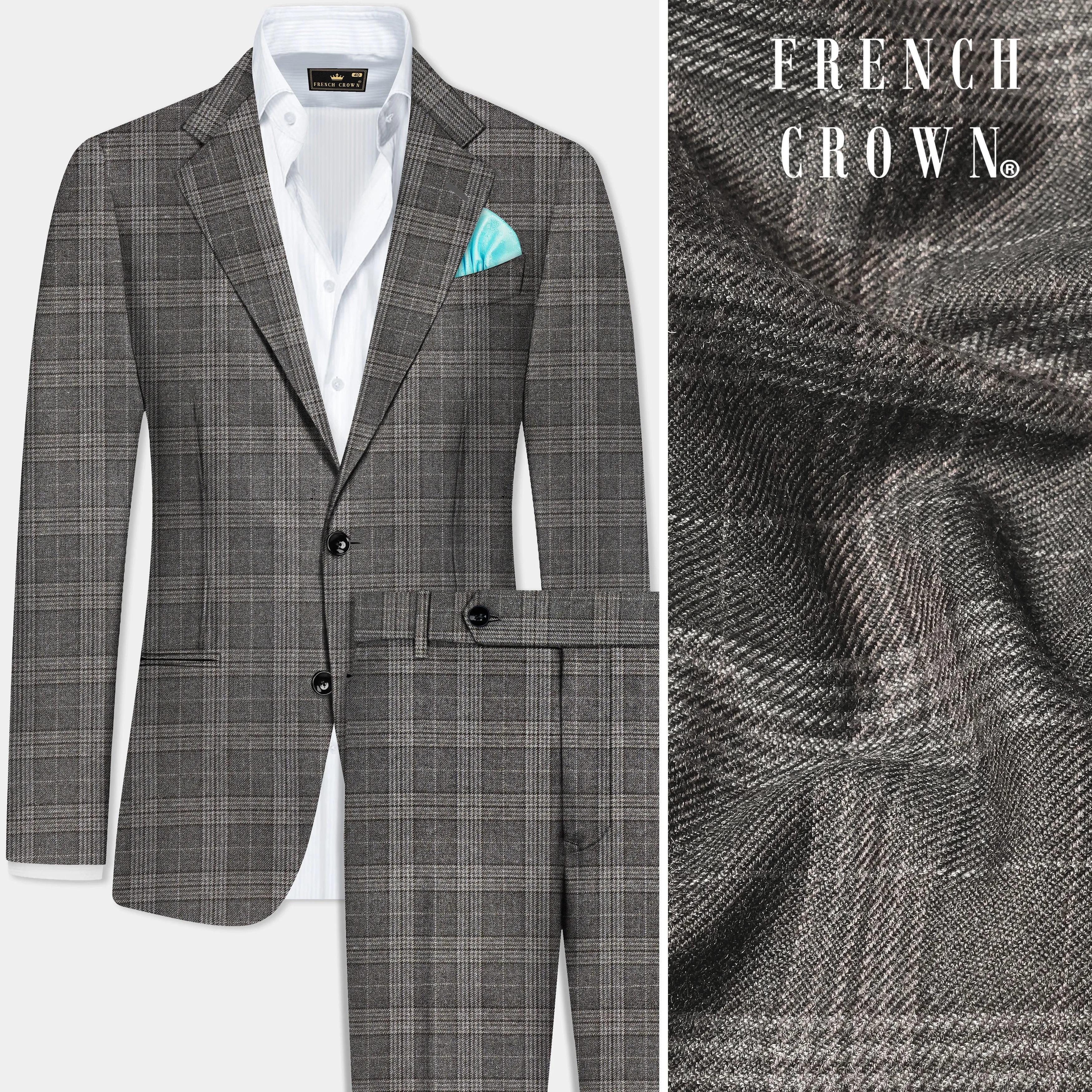 Iridium Gray Plaid Tweed Wool Blend Single Breasted Suit sold by French Crown
