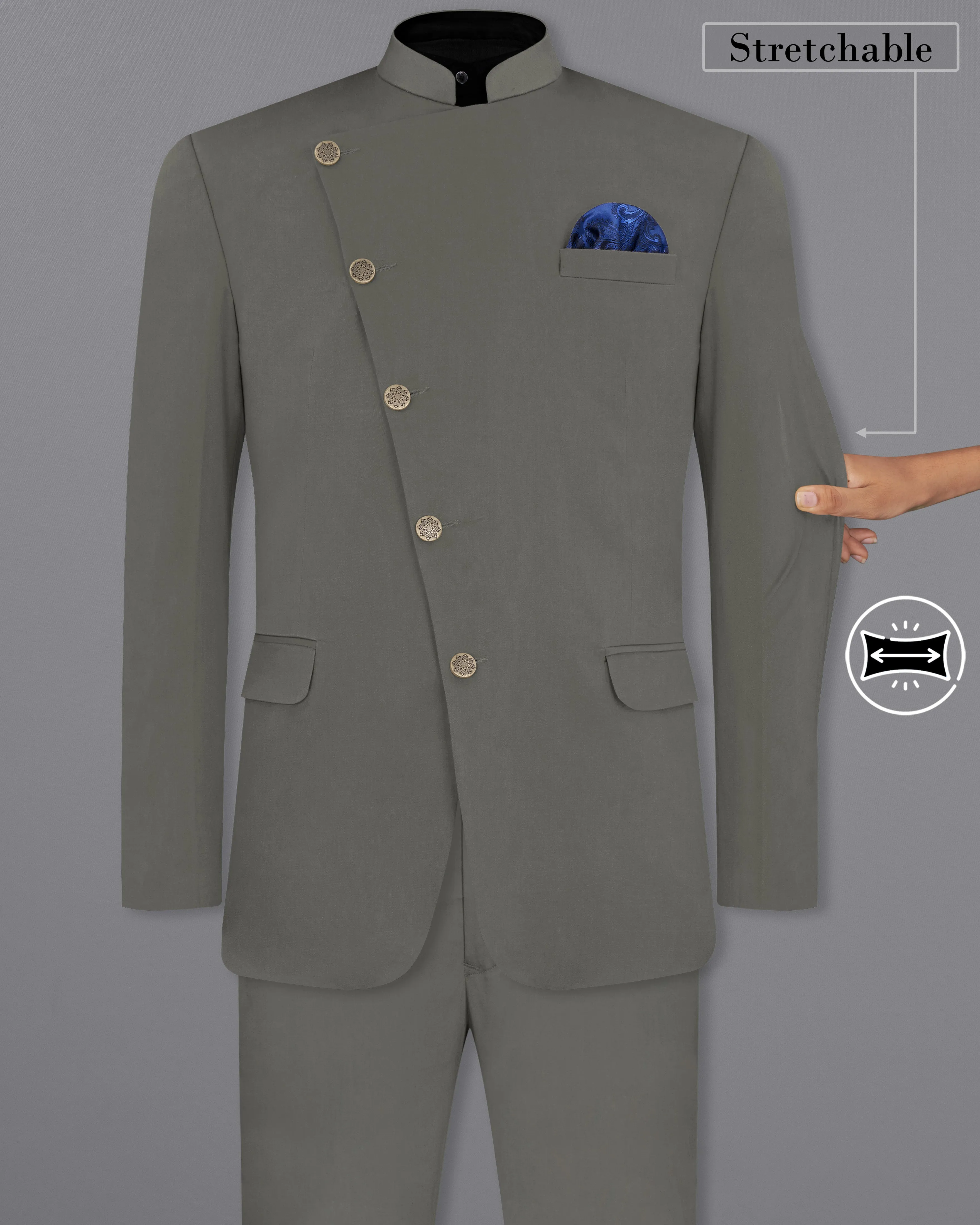 Ironside Gray Stretchable Cross Placket Bandhgala Premium Cotton traveler Suit sold by French Crown product image thumbnail 2