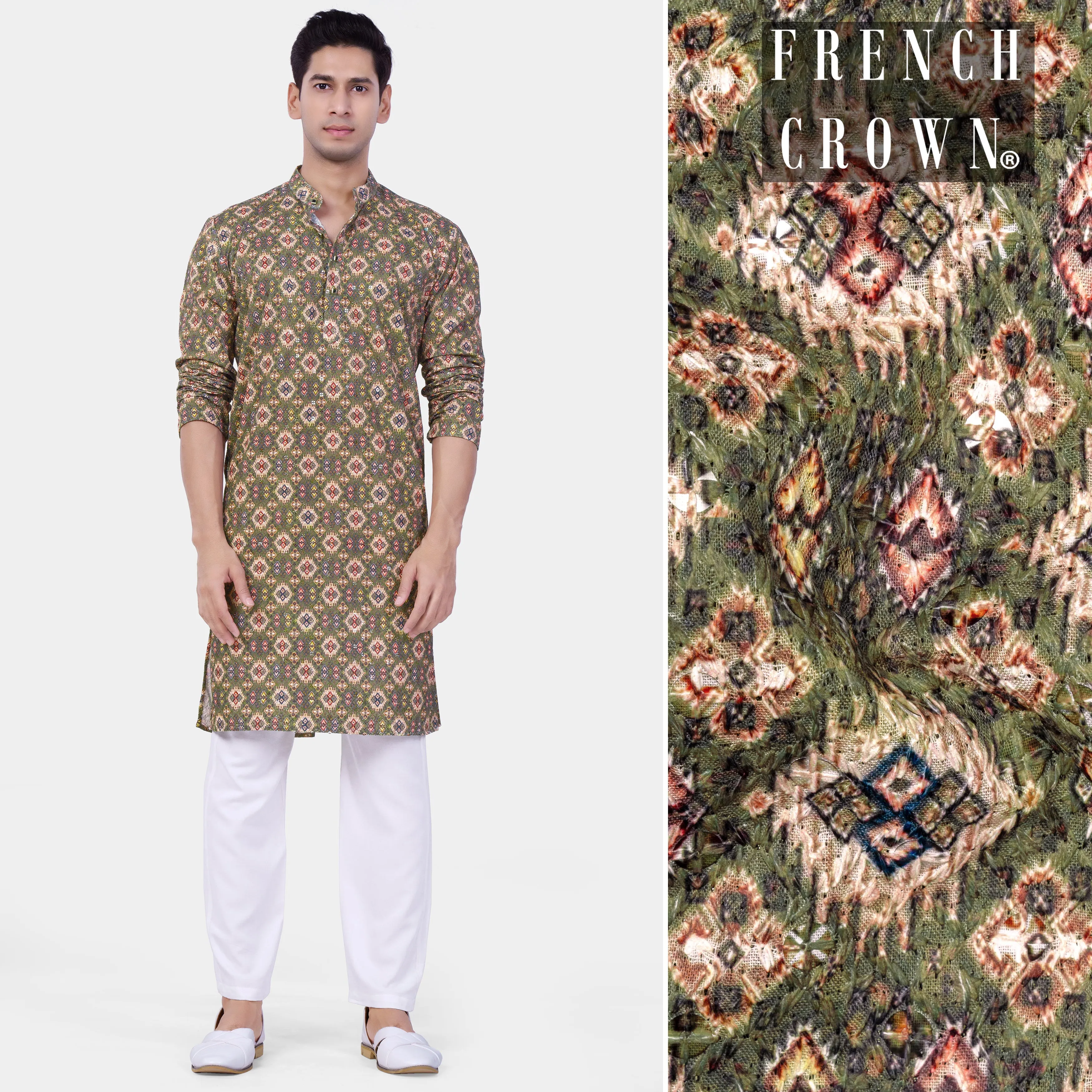 Finch Green And Coffee Brown MultiColour Designer Embroidered Kurta Set sold by French Crown