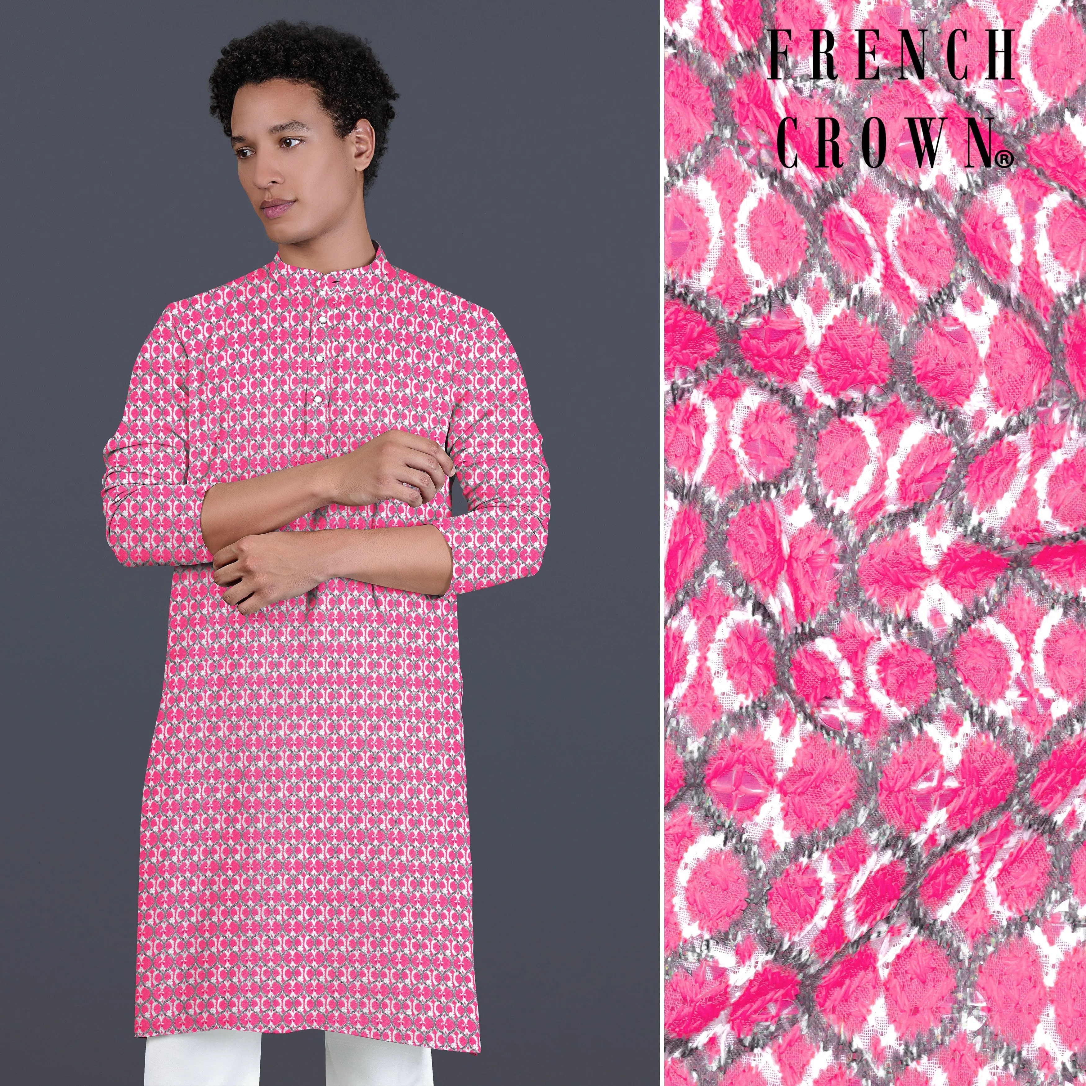 French Rose Pink And Bright White Designer Embroidered Kurta sold by French Crown