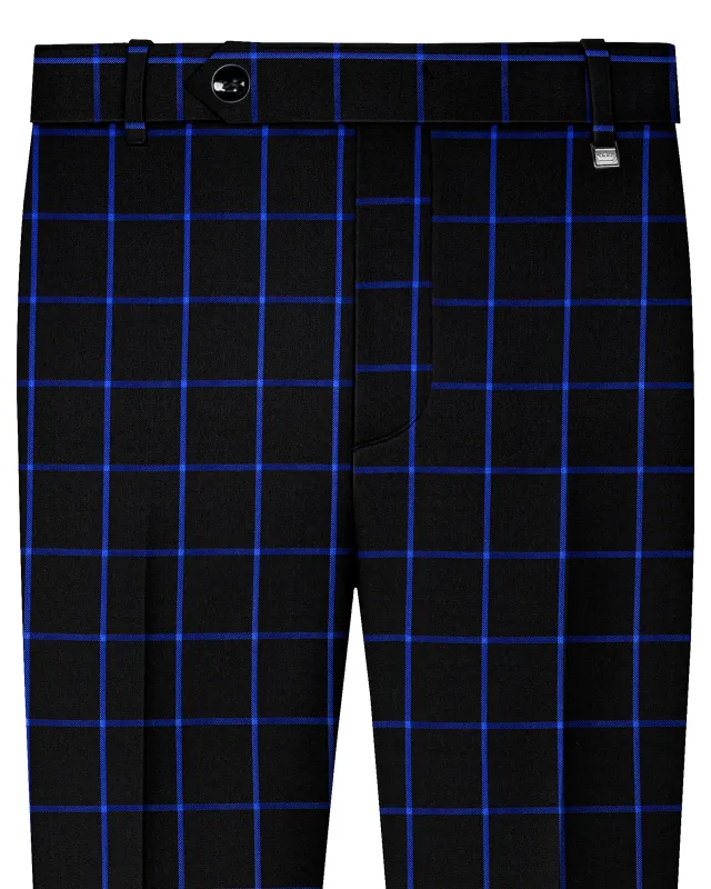Jade Black with Cerulean Blue Windowpane Wool Rich Pant made by French Crown