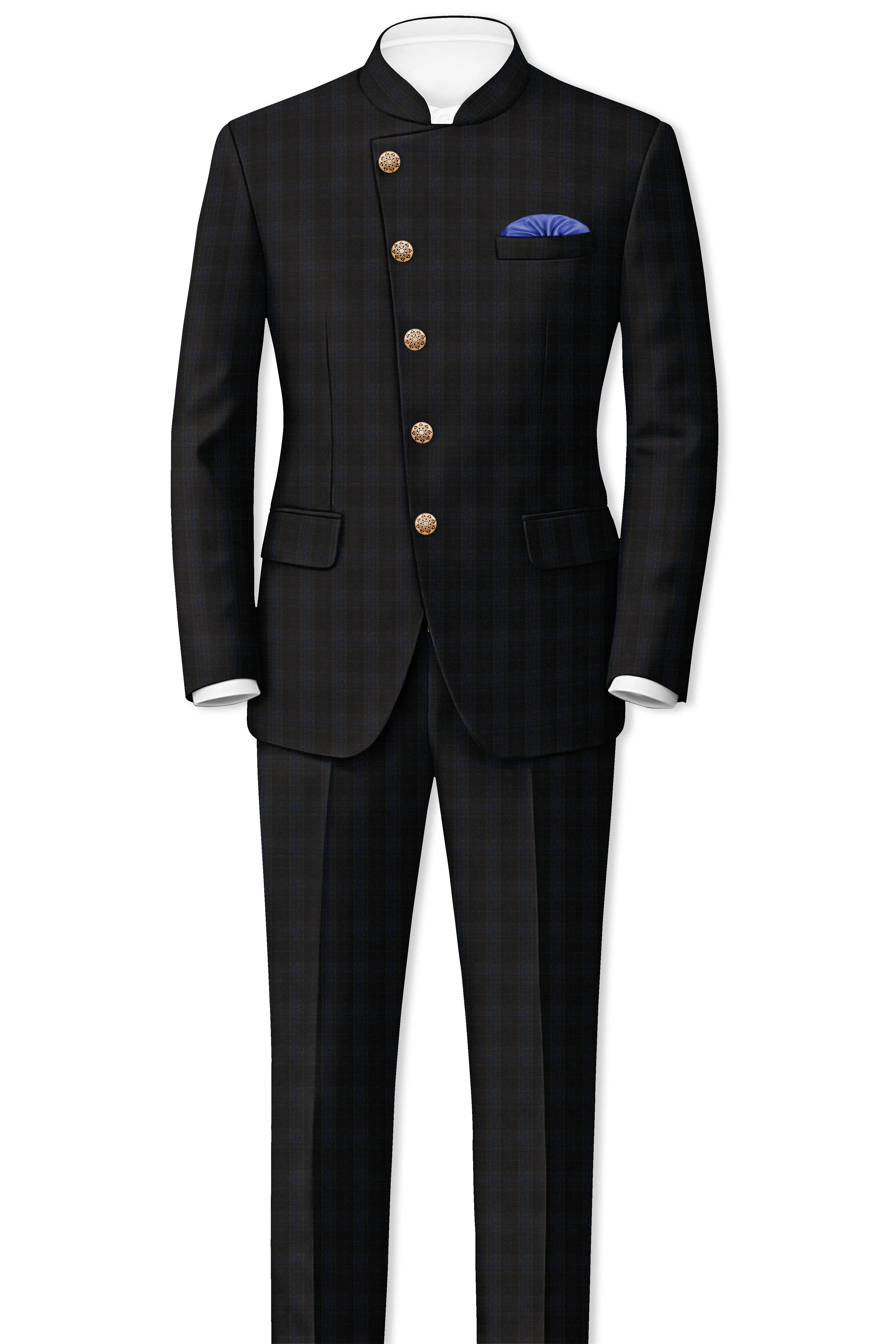 Thunder brown Plaid Cross Placket Bandhgala Wool Rich Suit sold by French Crown product image thumbnail 4