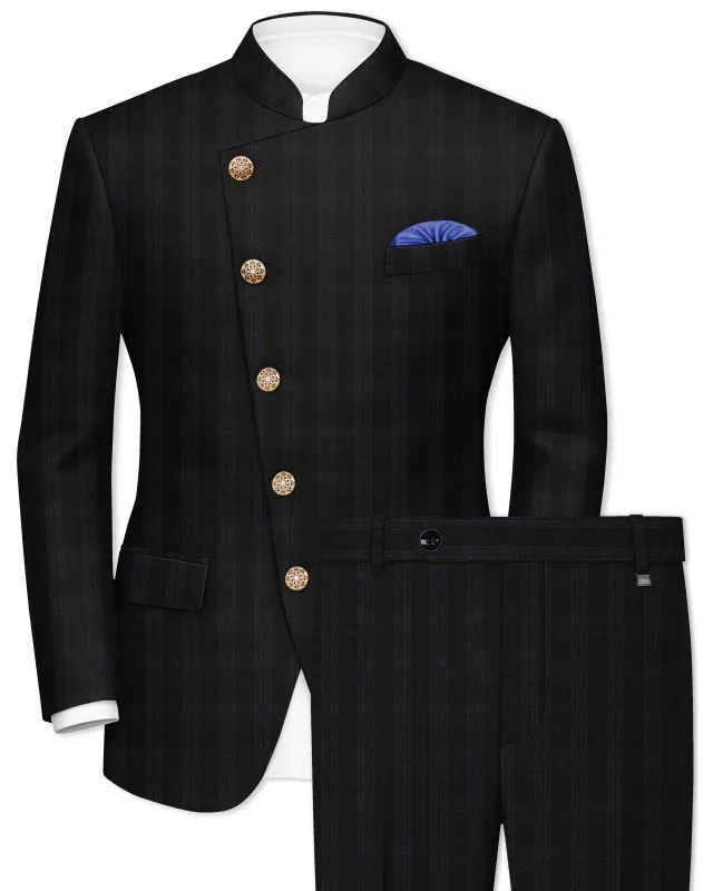 Thunder brown Plaid Cross Placket Bandhgala Wool Rich Suit made by French Crown
