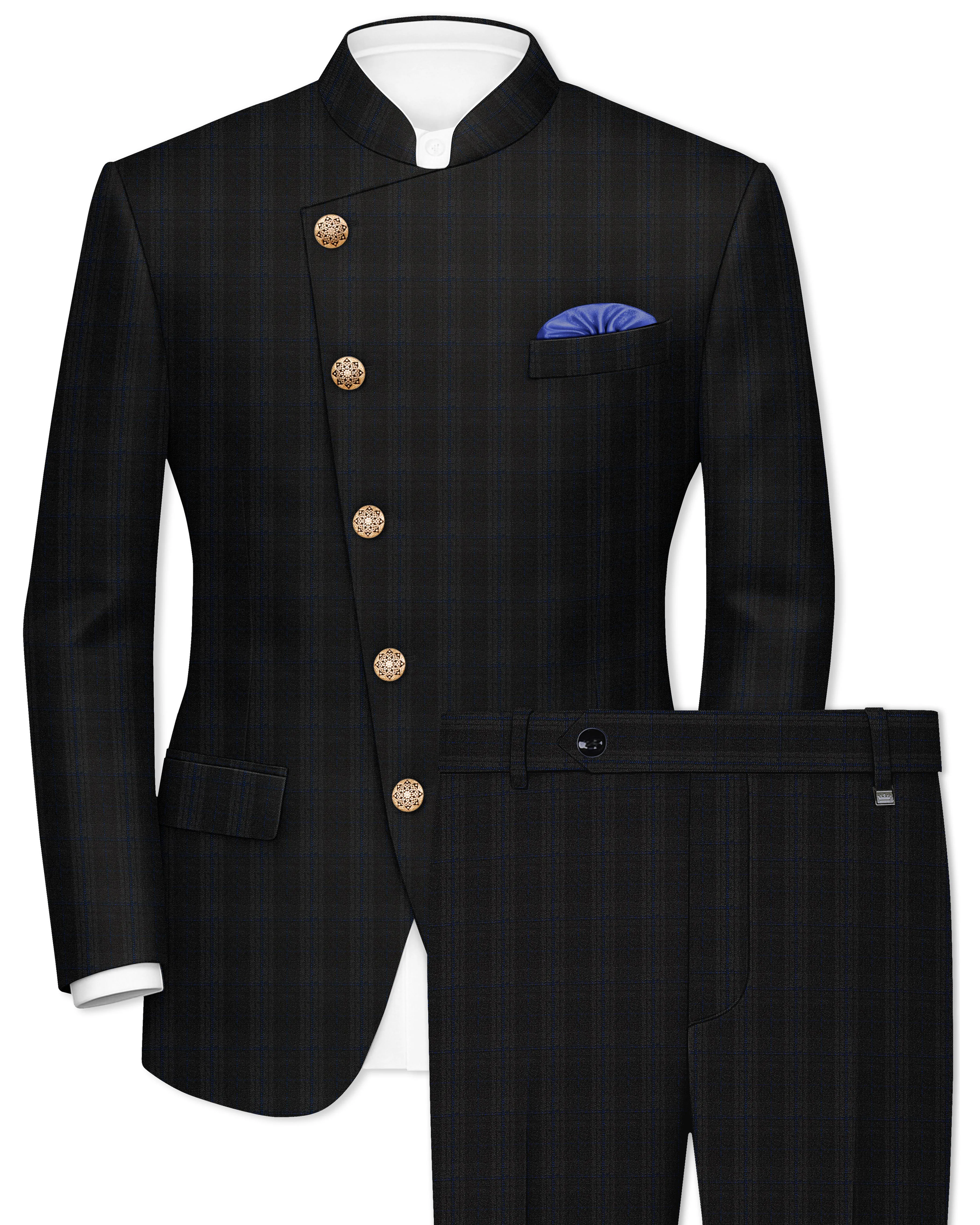 Thunder brown Plaid Cross Placket Bandhgala Wool Rich Suit sold by French Crown