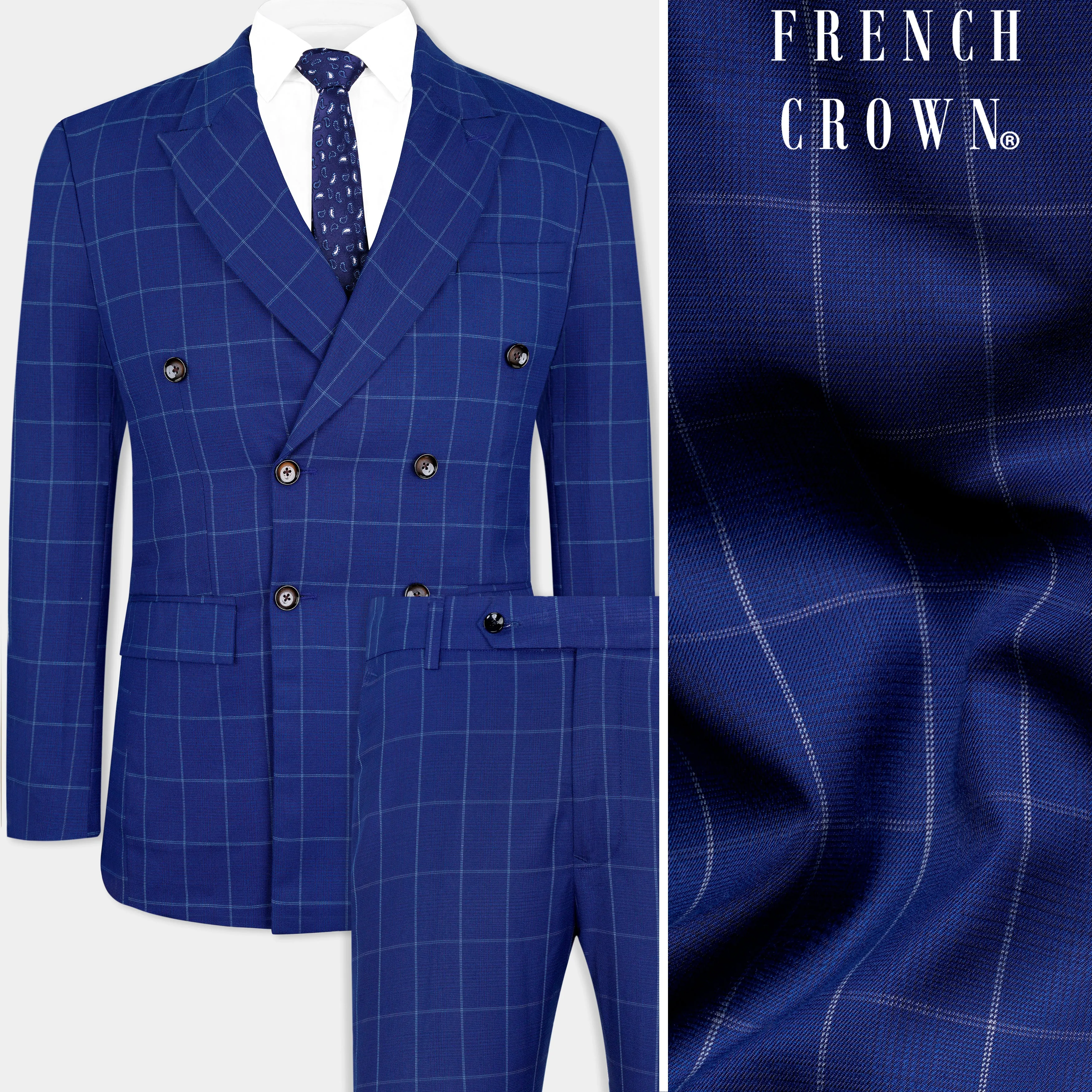 Lapis Blue Windowpane Wool Rich Double Breasted Suit sold by French Crown