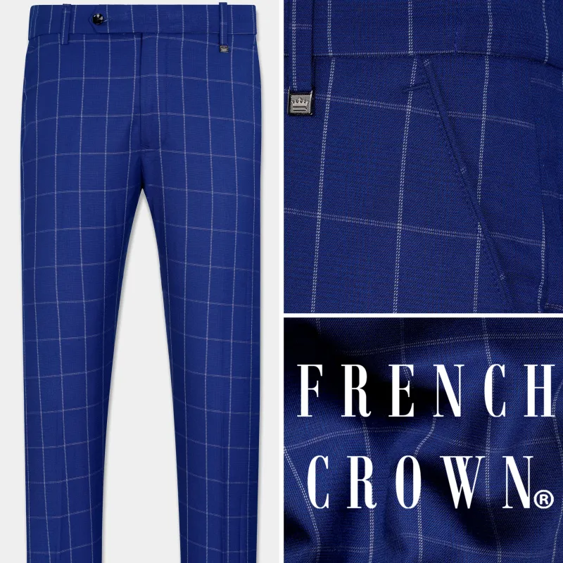 Lapis Blue Windowpane Wool Rich Stretchable Pant sold by French Crown