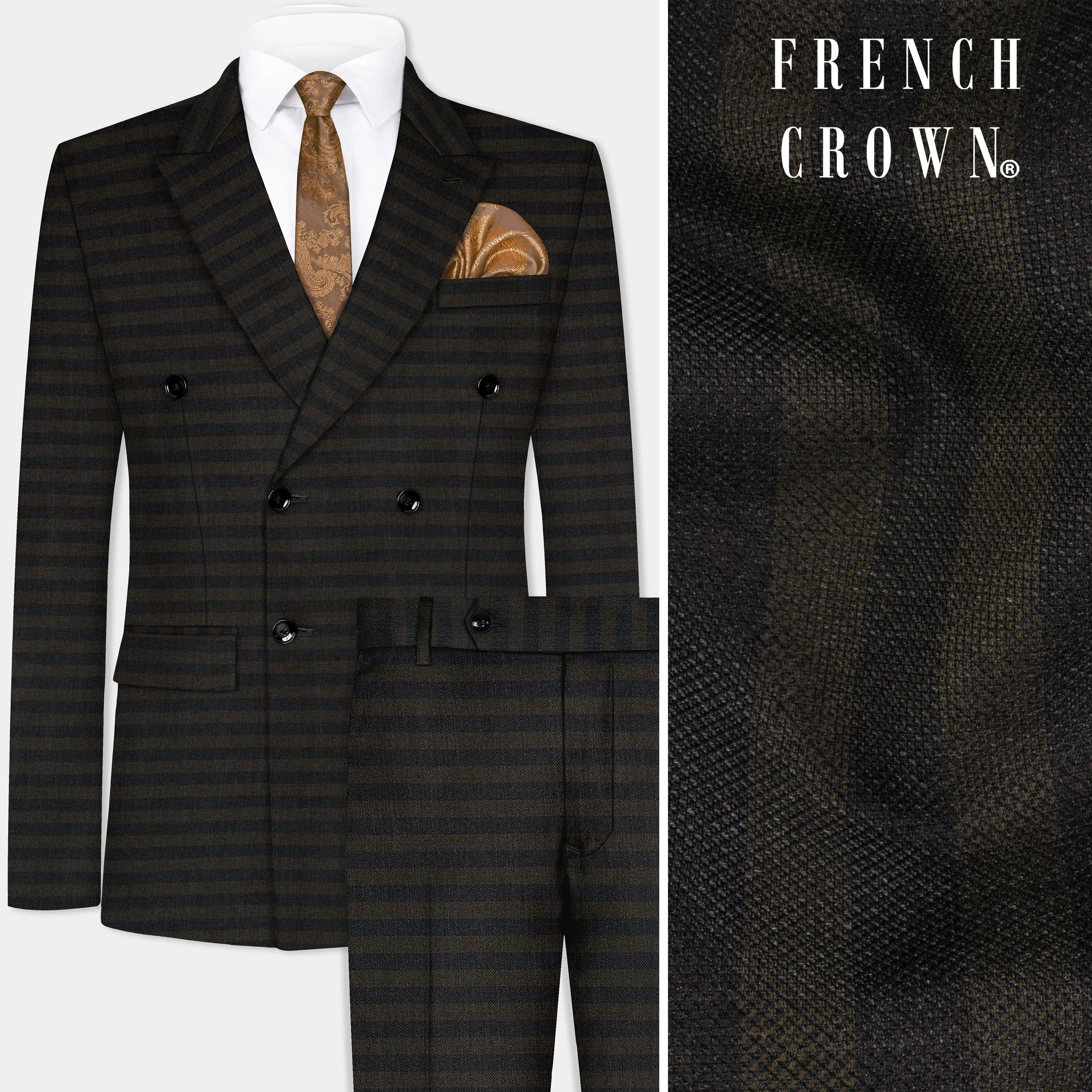 Taupe Brown With Jade Black Striped Wool Blend Double Breasted Suit sold by French Crown