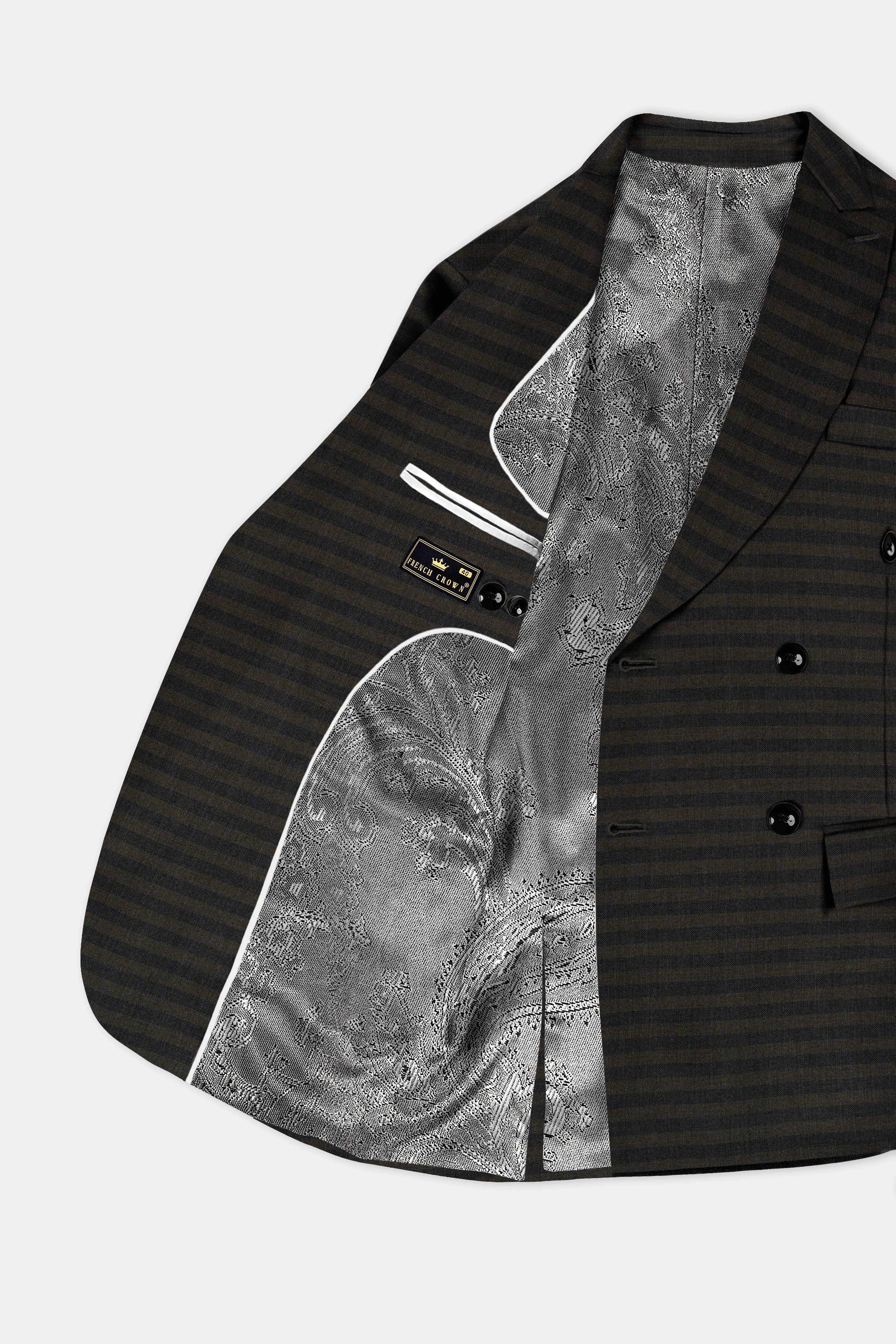 Taupe Brown With Jade Black Striped Wool Blend Double Breasted Suit sold by French Crown product image thumbnail 5