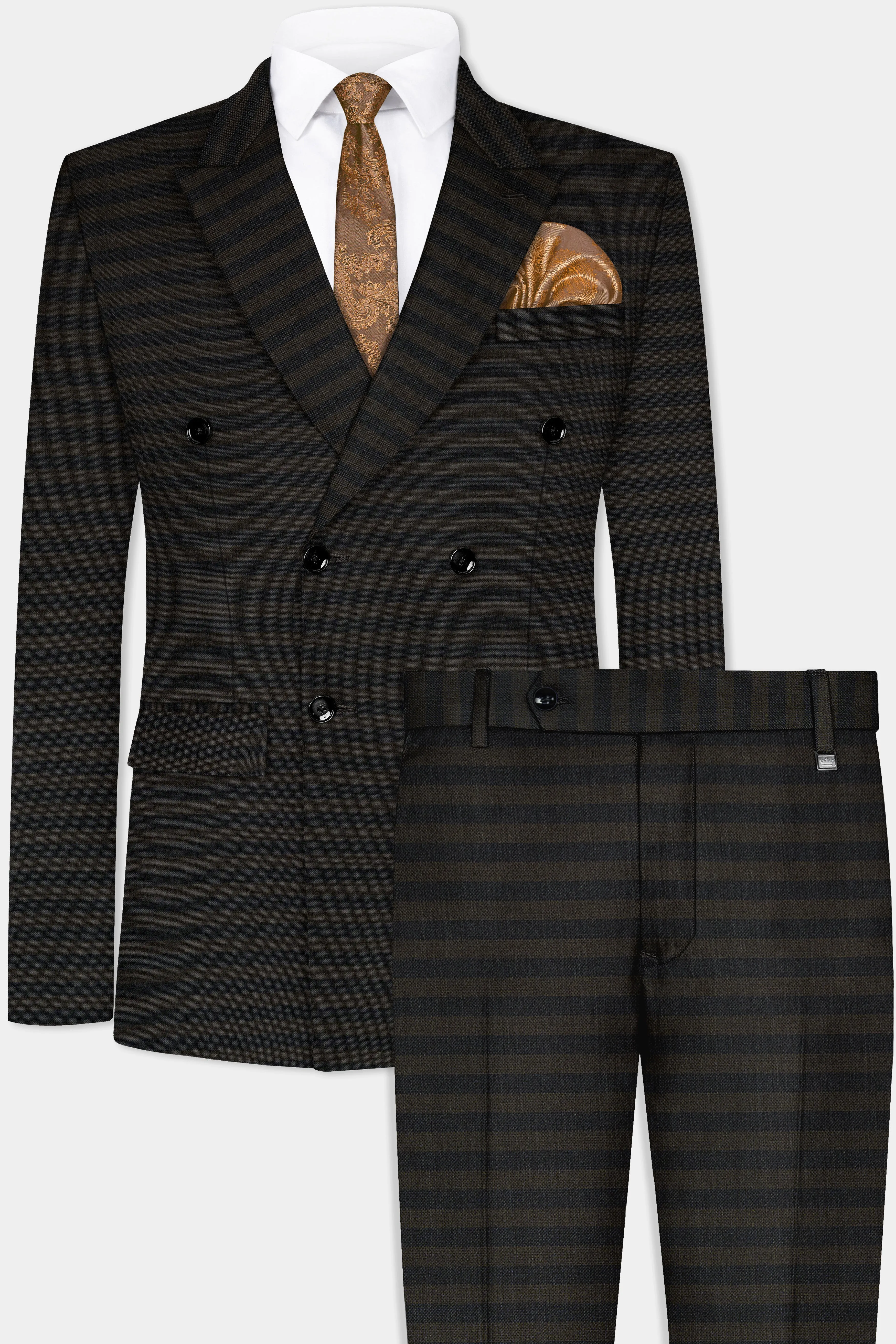 Taupe Brown With Jade Black Striped Wool Blend Double Breasted Suit sold by French Crown product image thumbnail 2