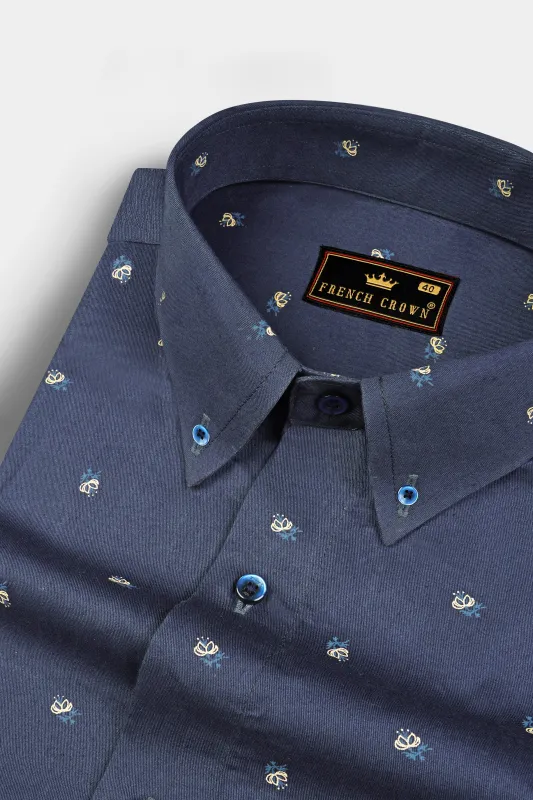 Fiord Blue Twill Printed Cotton Shirt sold by French Crown