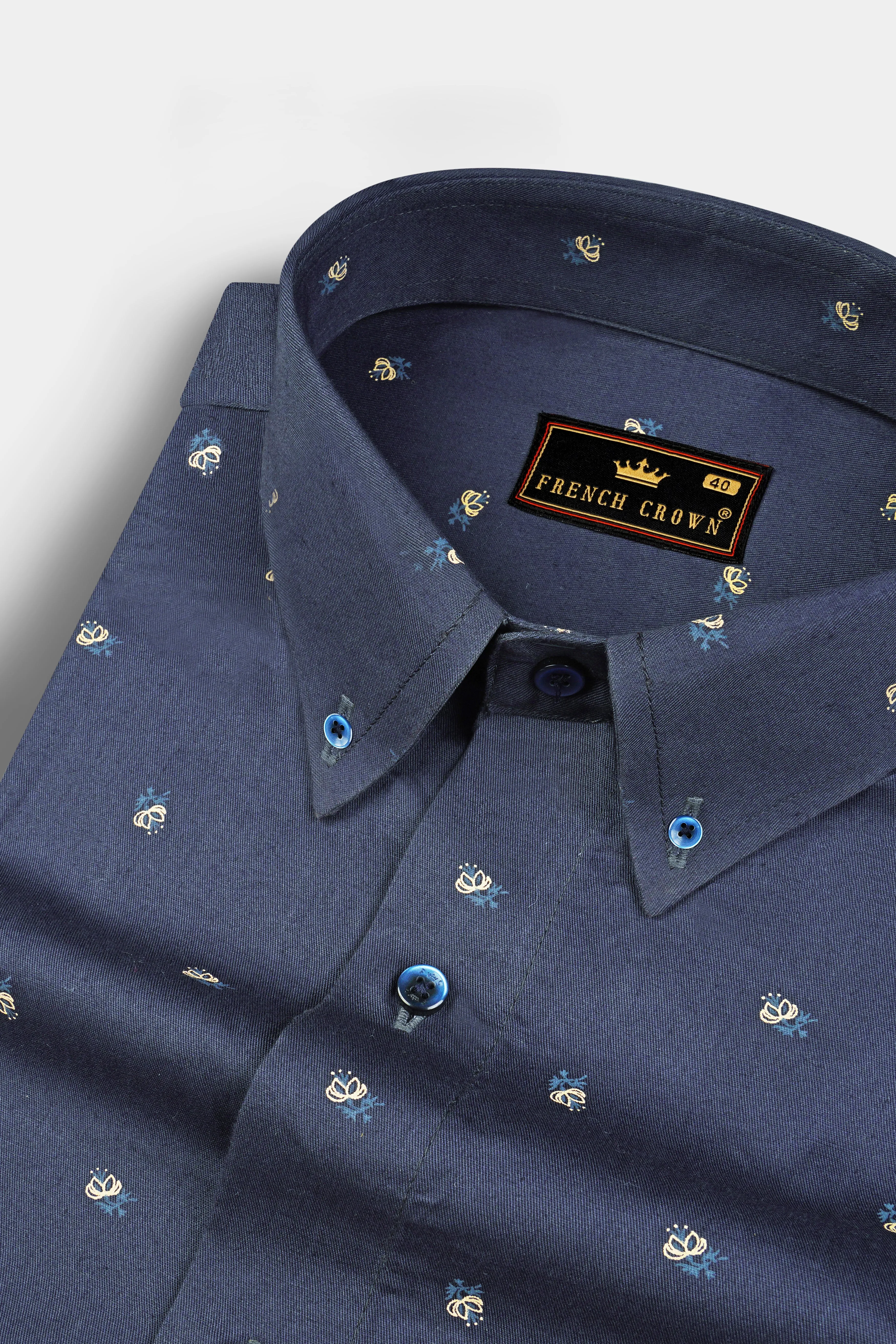 Fiord Blue Twill Printed Cotton Shirt sold by French Crown
