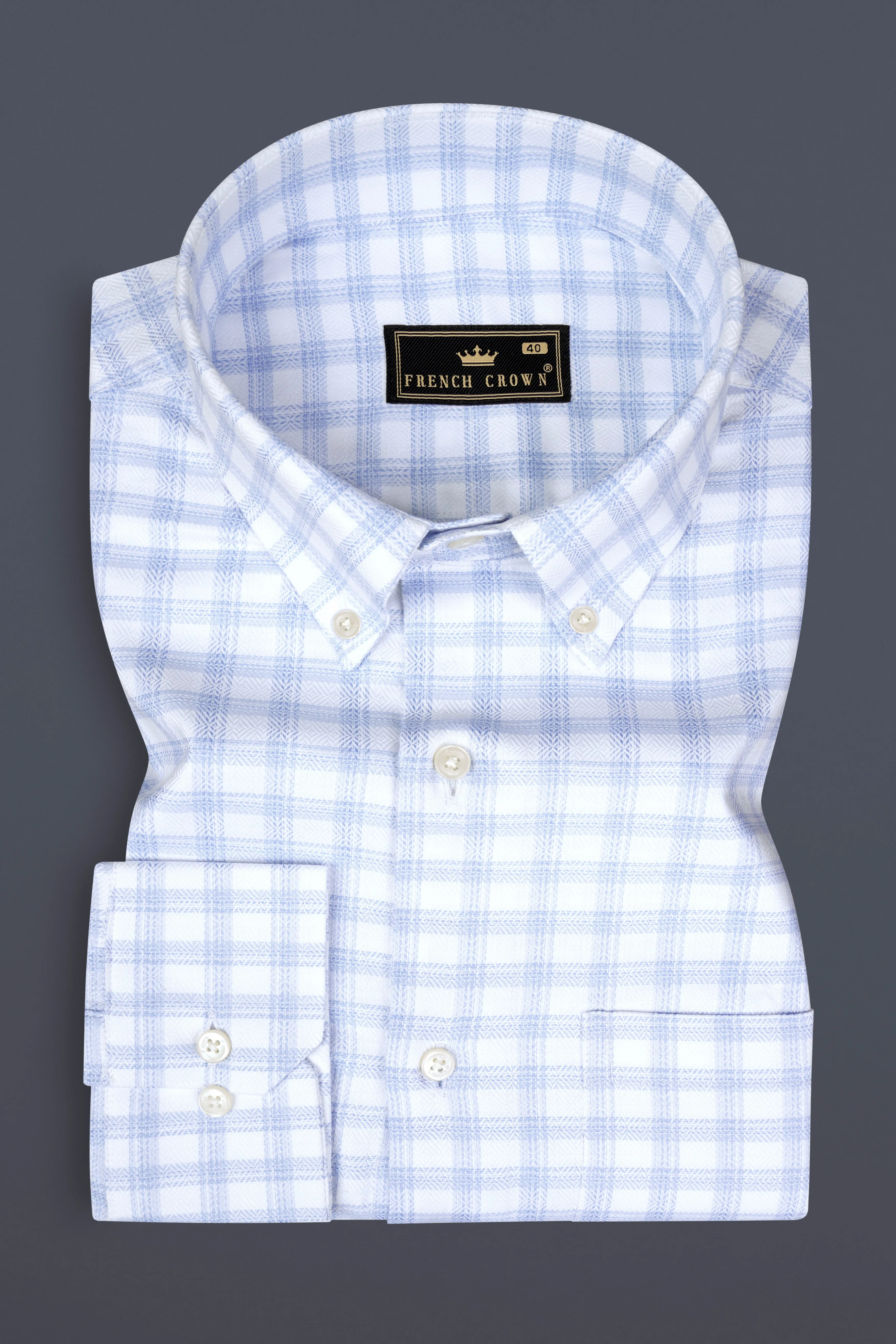 Periwinkle Blue And Bright White Checked Dobby Textured Premium Cotton Shirt sold by French Crown product image thumbnail 3
