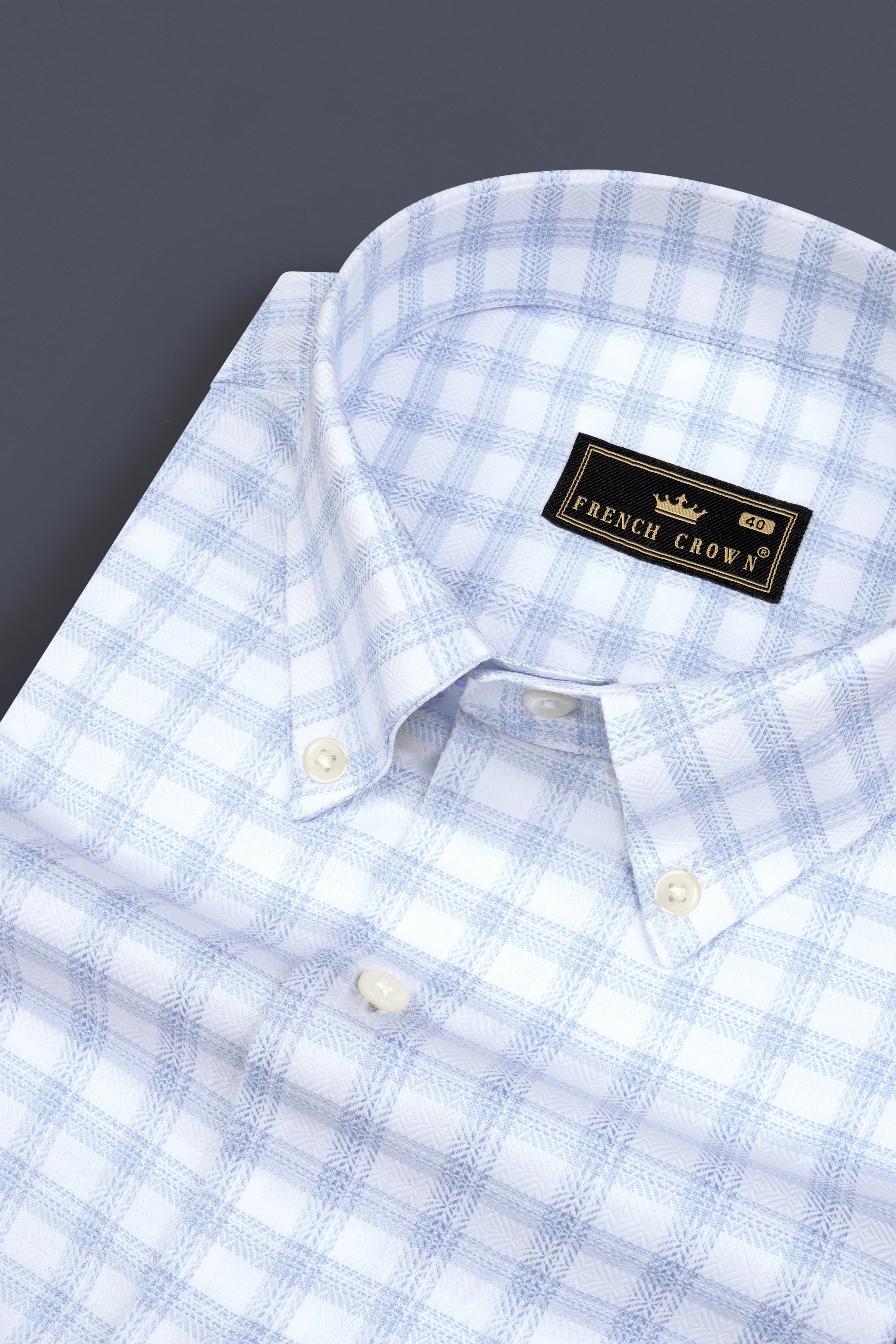 Periwinkle Blue And Bright White Checked Dobby Textured Premium Cotton Shirt sold by French Crown