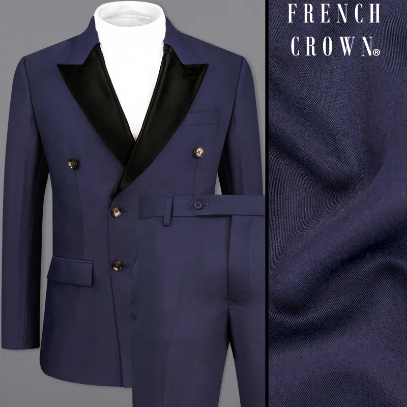 Bleached Cedar Blue Double Breasted Black Lapel Designer Suit made by French Crown