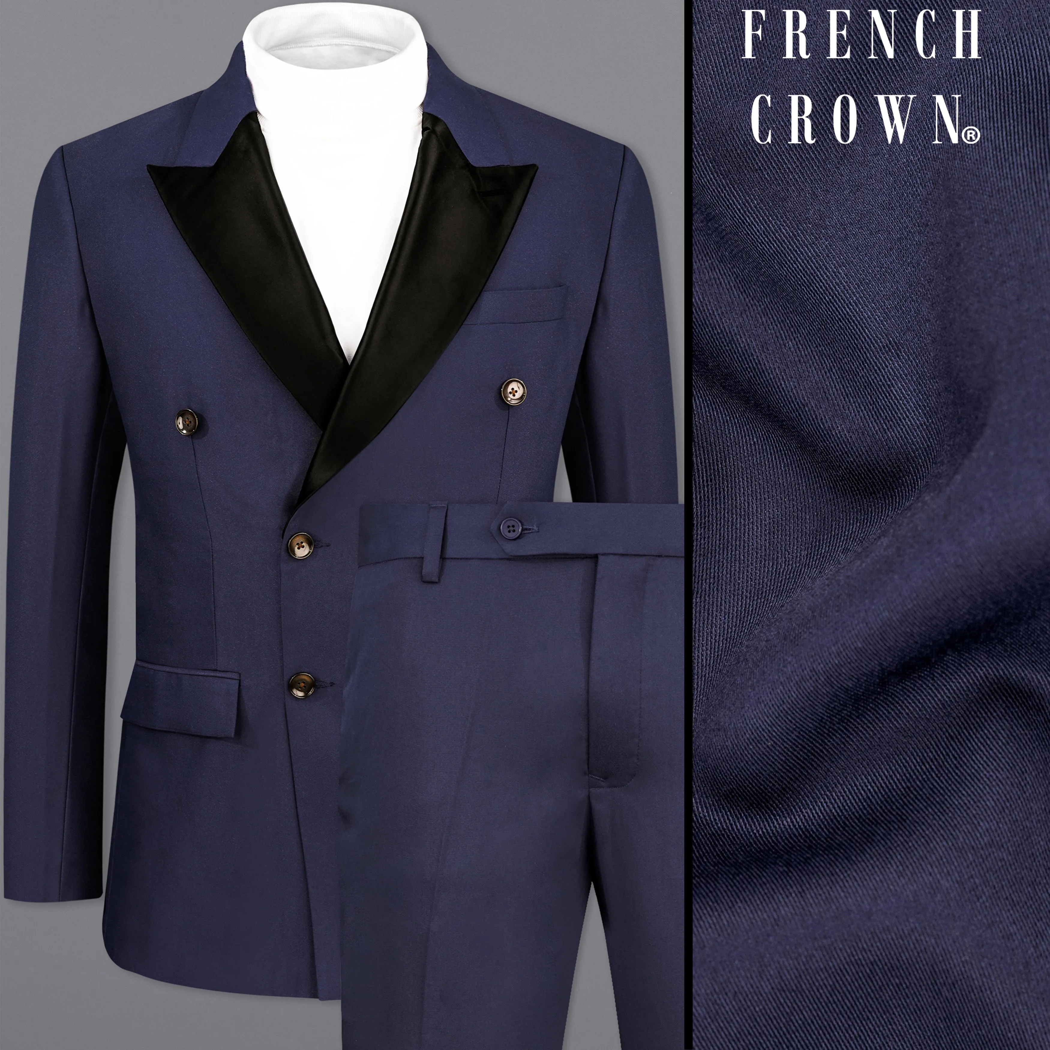 Bleached Cedar Blue Double Breasted Black Lapel Designer Suit sold by French Crown