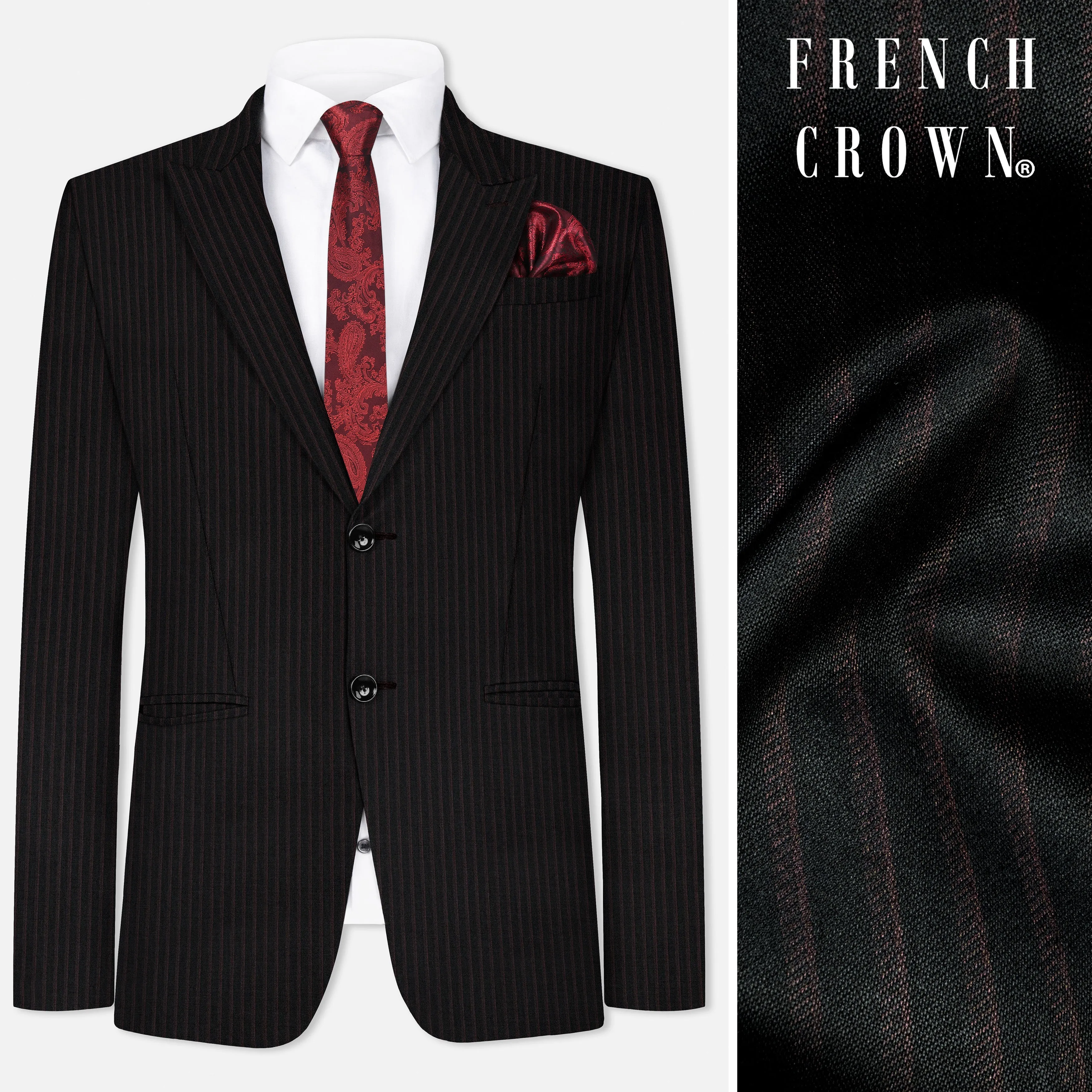Jade Black With Iridium Maroon Striped Wool Blend Blazer sold by French Crown
