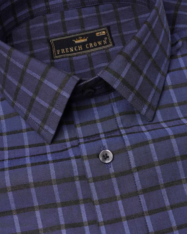 Gunmetal Blue Checkered Dobby Textured Premium Giza Cotton Shirt sold by French Crown