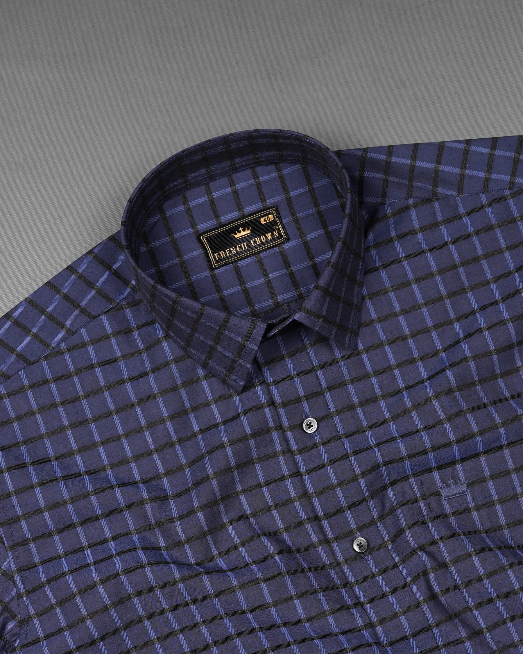 Gunmetal Blue Checkered Dobby Textured Premium Giza Cotton Shirt sold by French Crown product image thumbnail 4