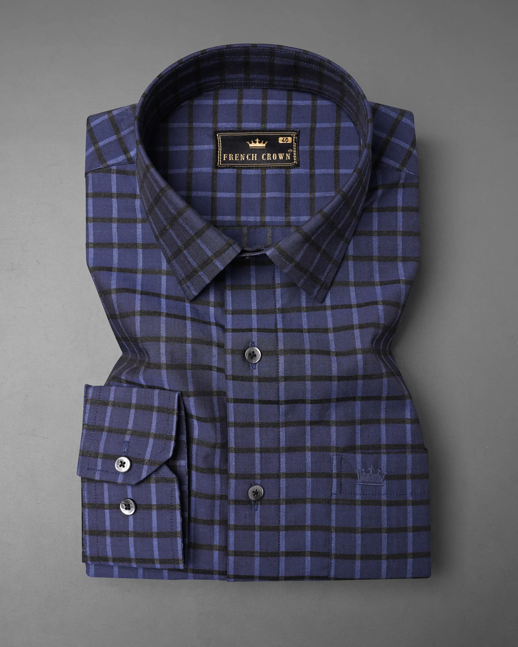 Gunmetal Blue Checkered Dobby Textured Premium Giza Cotton Shirt sold by French Crown product image thumbnail 3