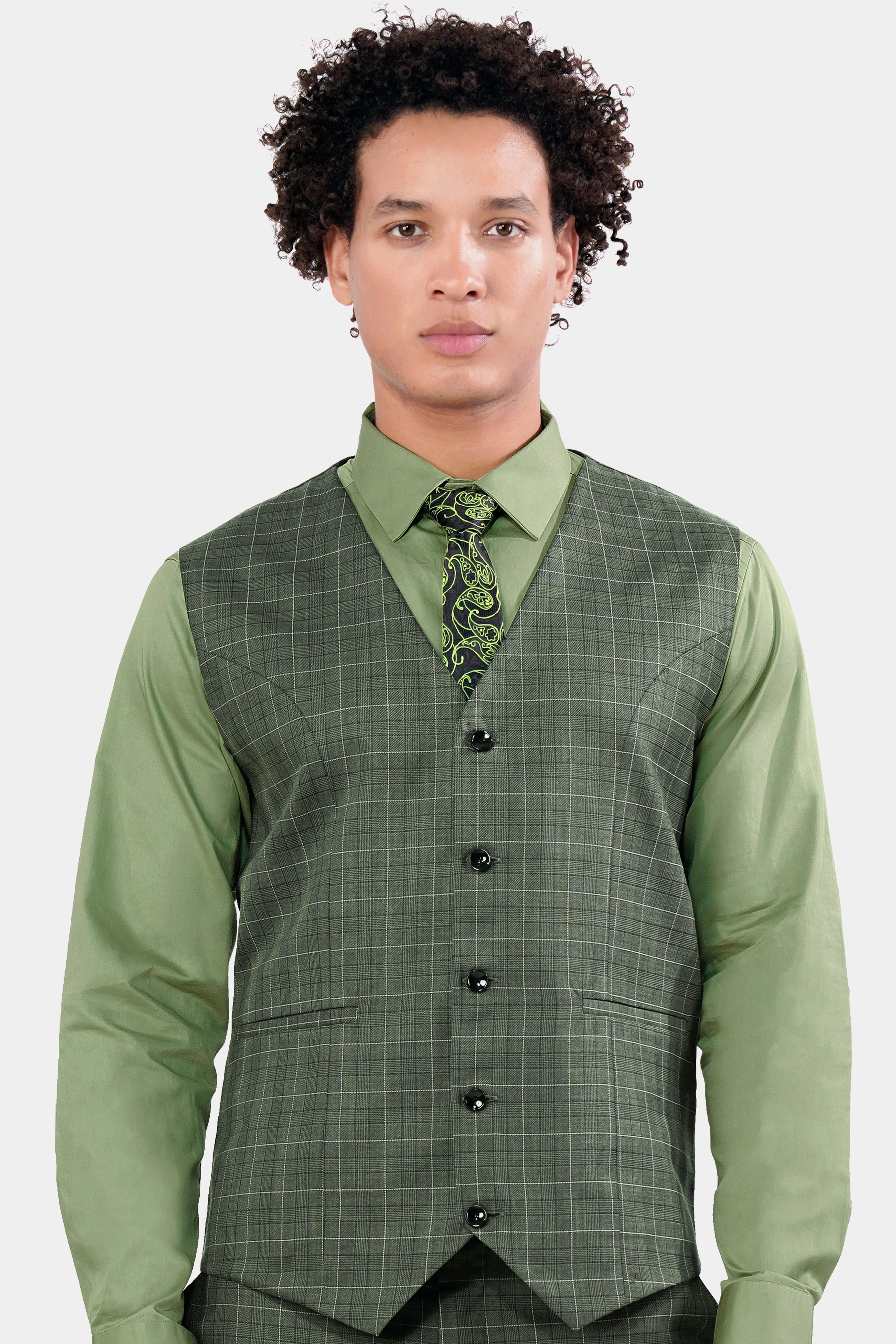 Artichoke Green Checkered Wool Rich Waistcoat sold by French Crown product image thumbnail 2