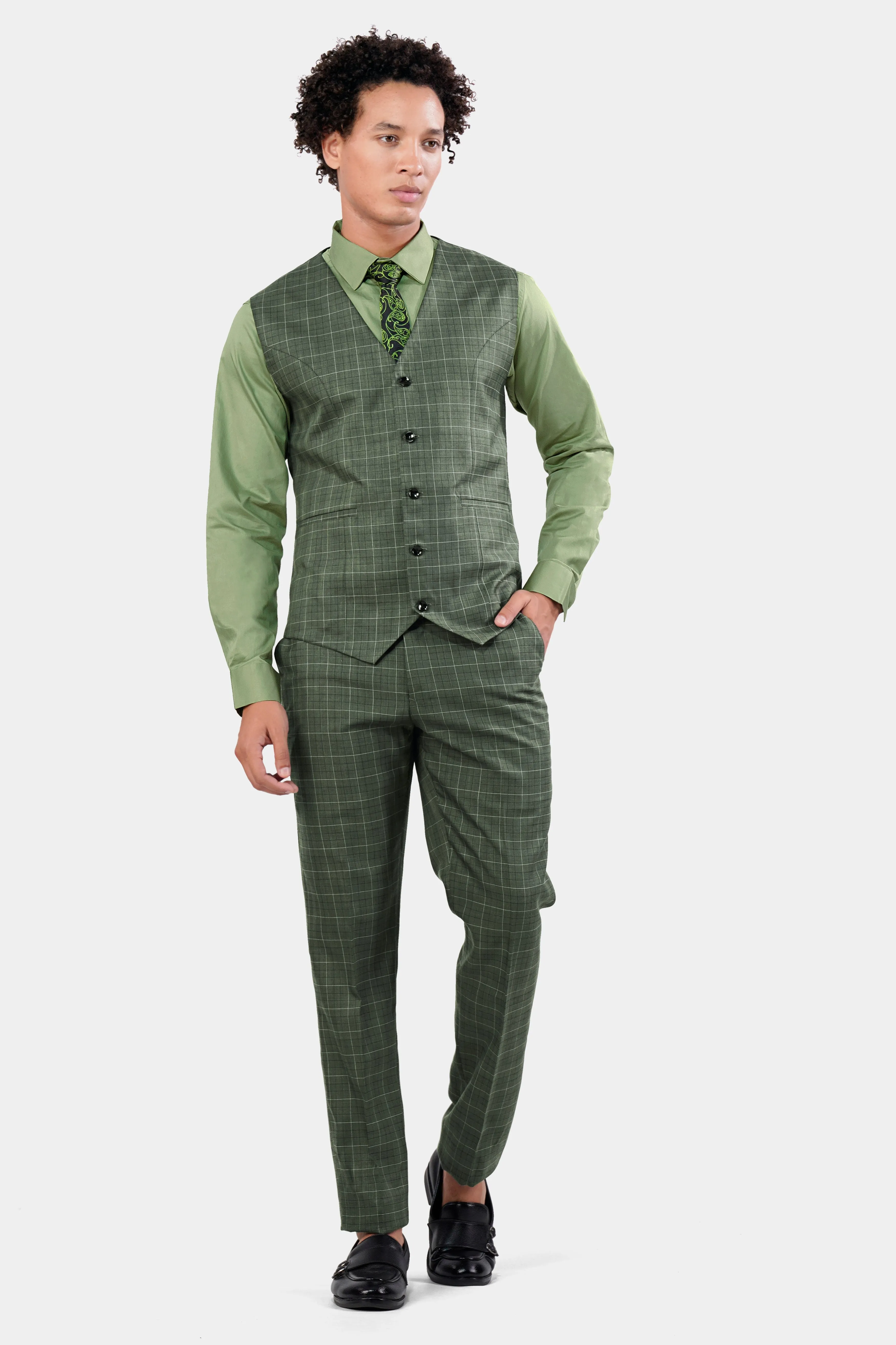 Artichoke Green Checkered Wool Rich Waistcoat sold by French Crown product image thumbnail 5