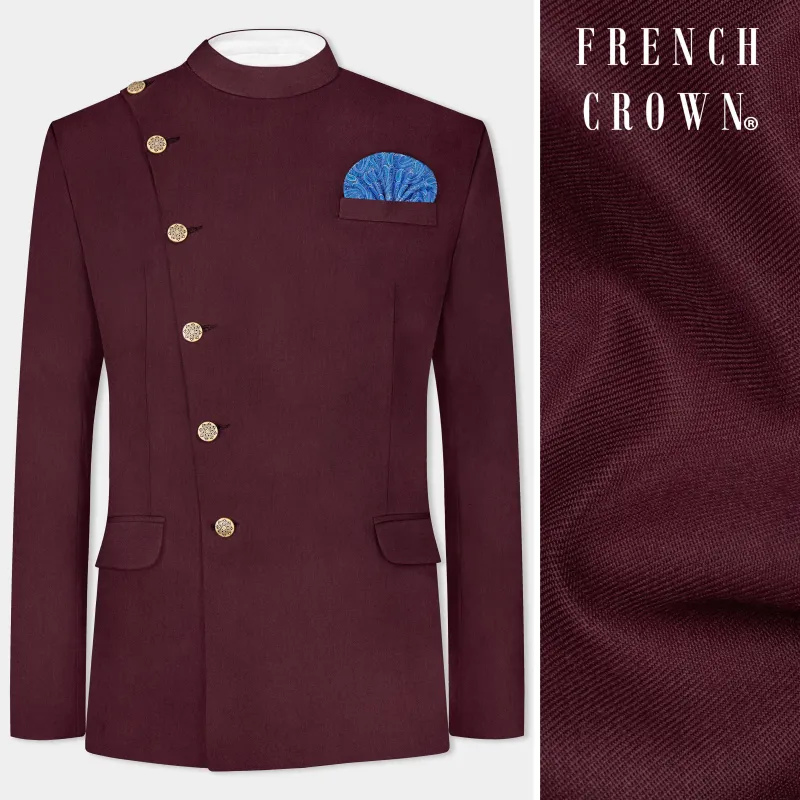 Tamarind Maroon Wool Blend Cross Placket Bandhgala Blazer sold by French Crown