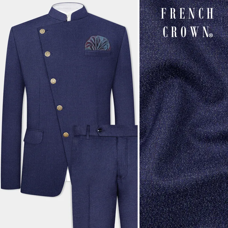 Ebony Clay Blue Textured Wool Blend Cross Placket Bandhgala Suit sold by French Crown
