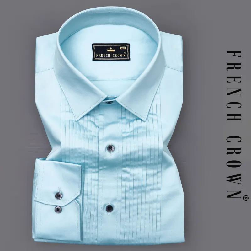 Turquoise Sky Blue Subtle Sheen Snake Pleated Super Soft Premium Cotton Tuxedo Shirt sold by French Crown
