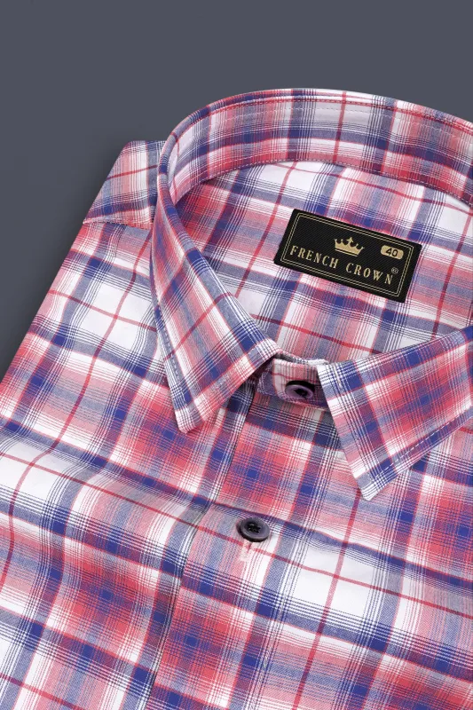 Salmon Red with San Marino Blue Plaid Premium Cotton Shirt sold by French Crown