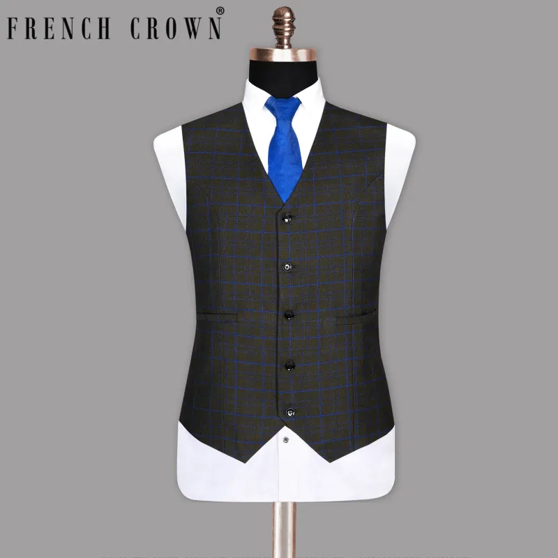 Wood Brown with Royal Blue windowpane Wool  Waistcoat sold by French Crown