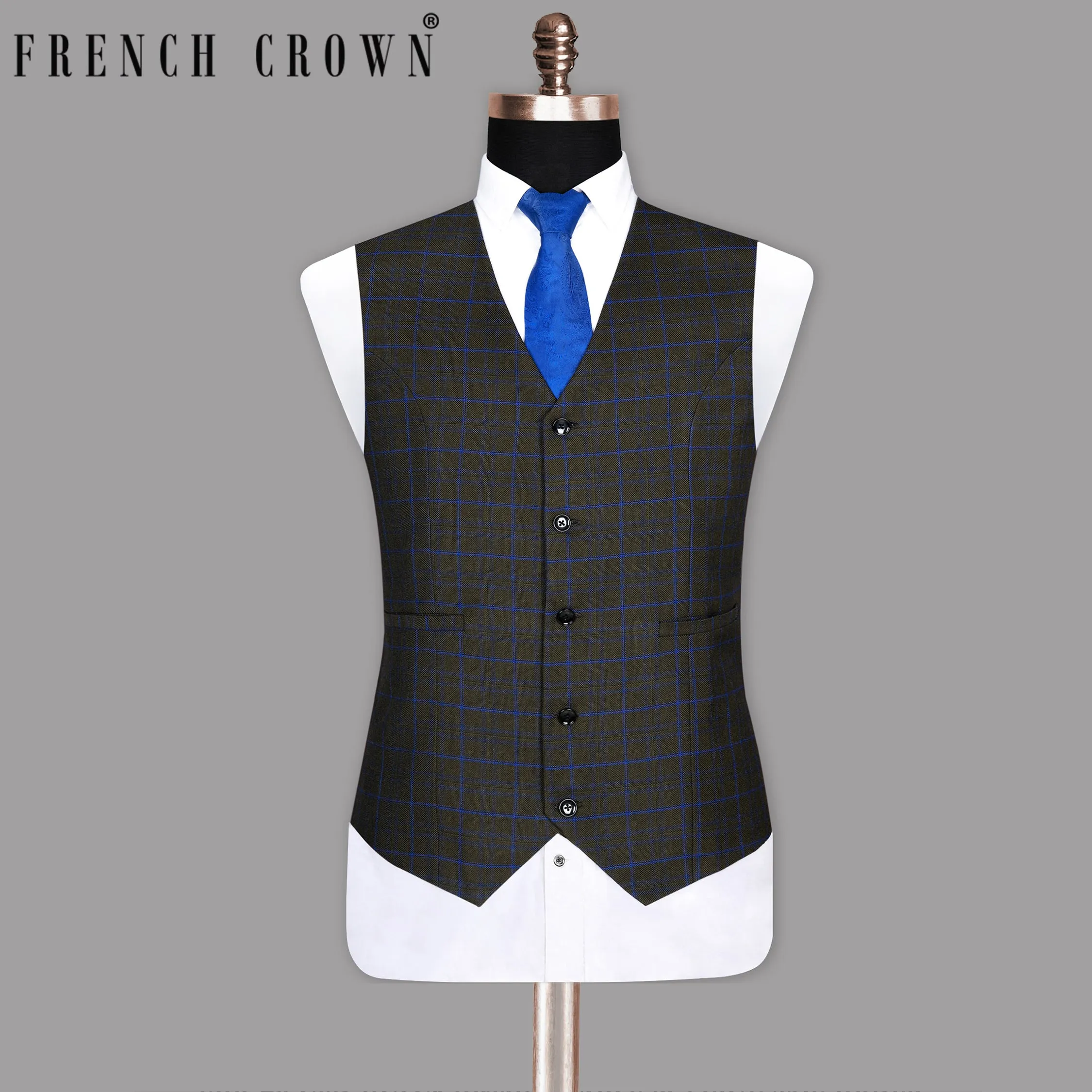 Wood Brown with Royal Blue windowpane Wool Waistcoat sold by French Crown