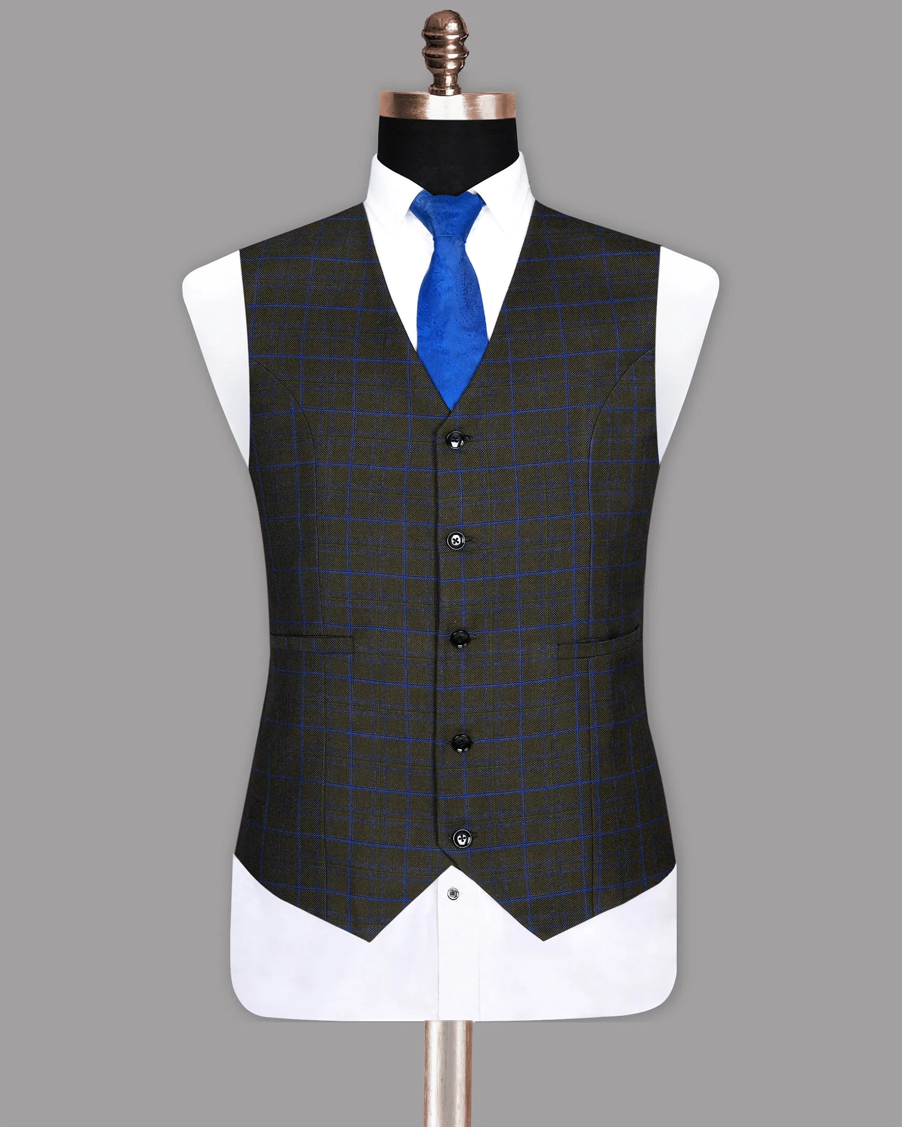 Wood Brown with Royal Blue windowpane Wool Waistcoat sold by French Crown product image thumbnail 2