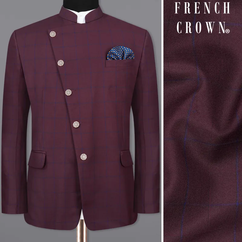Wine Berry With Haiti Blue Windowpane Cross Placket Bandhgala Blazer sold by French Crown