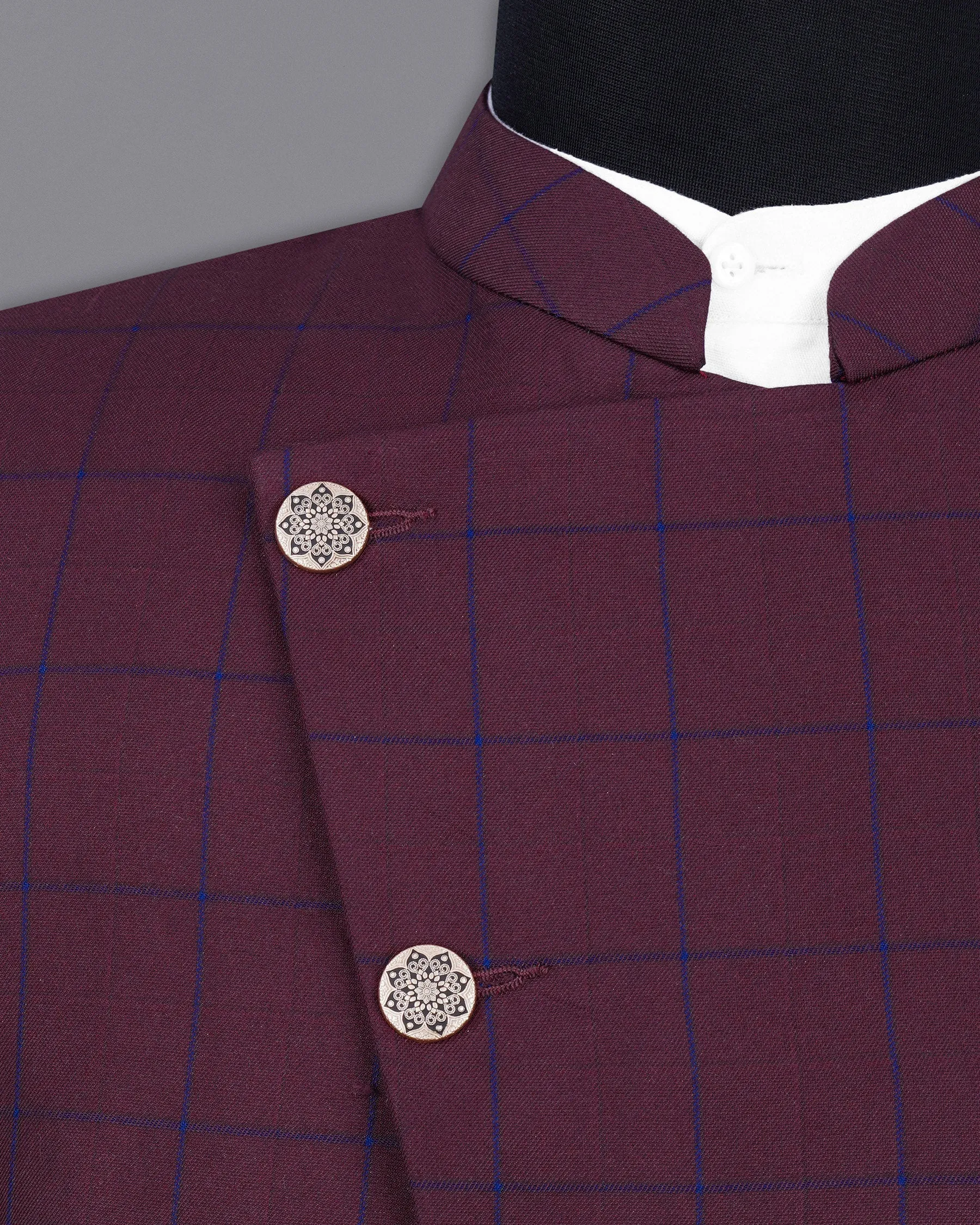 Wine Berry With Haiti Blue Windowpane Cross Placket Bandhgala Blazer sold by French Crown product image thumbnail 4