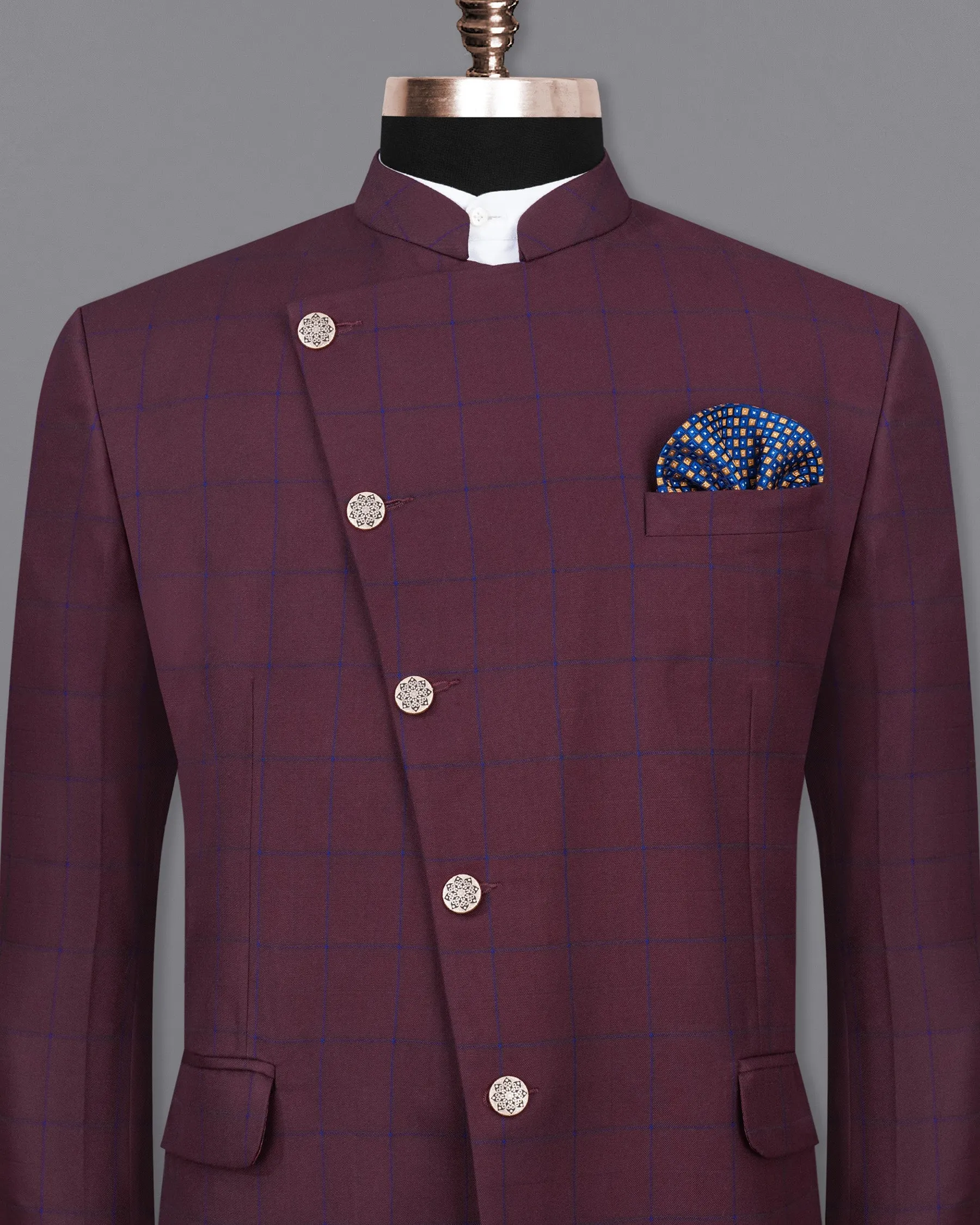 Wine Berry With Haiti Blue Windowpane Cross Placket Bandhgala Blazer sold by French Crown product image thumbnail 2