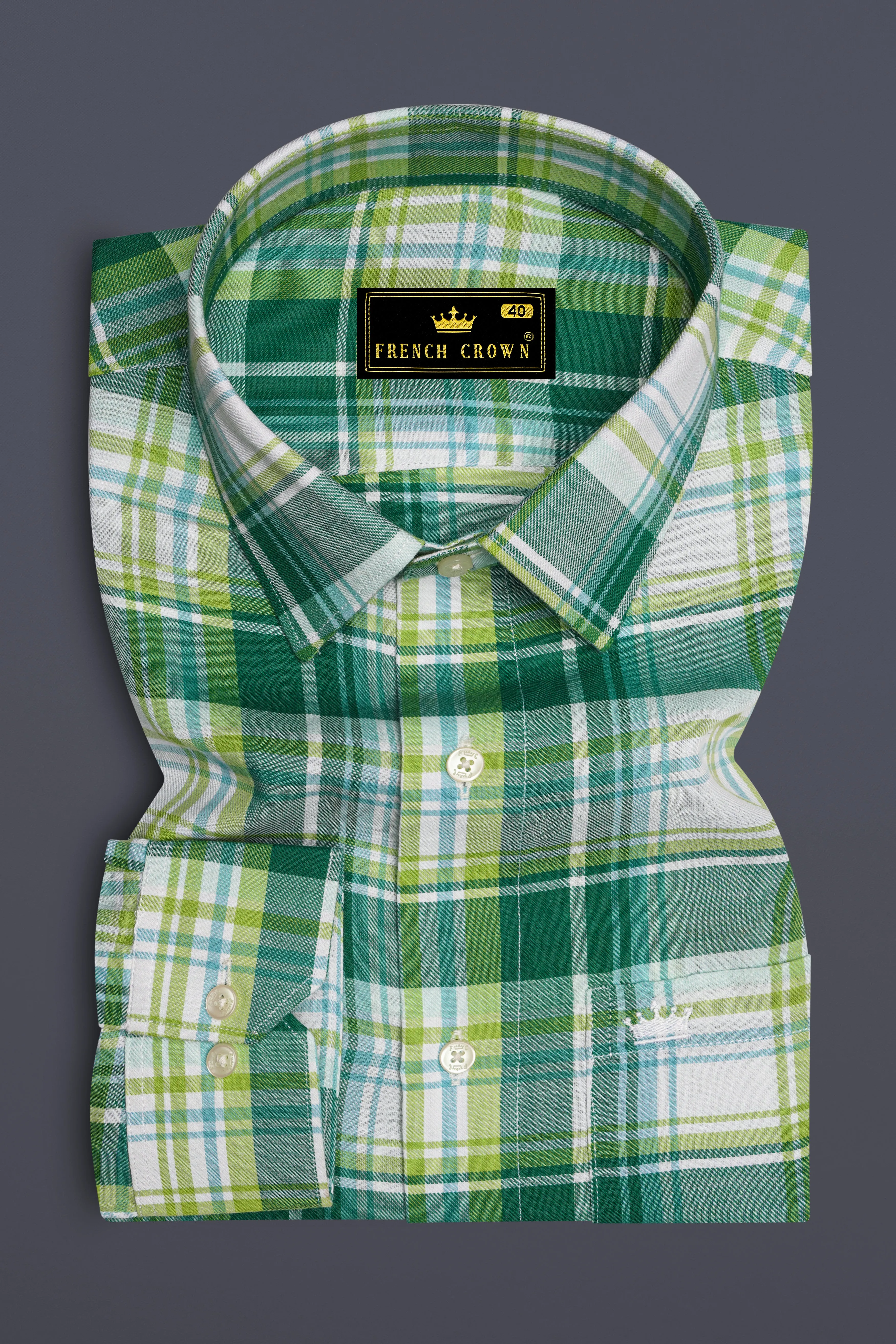 Eucalyptus Green and Light Sage Green Twill Plaid Premium Cotton Shirt sold by French Crown product image thumbnail 4