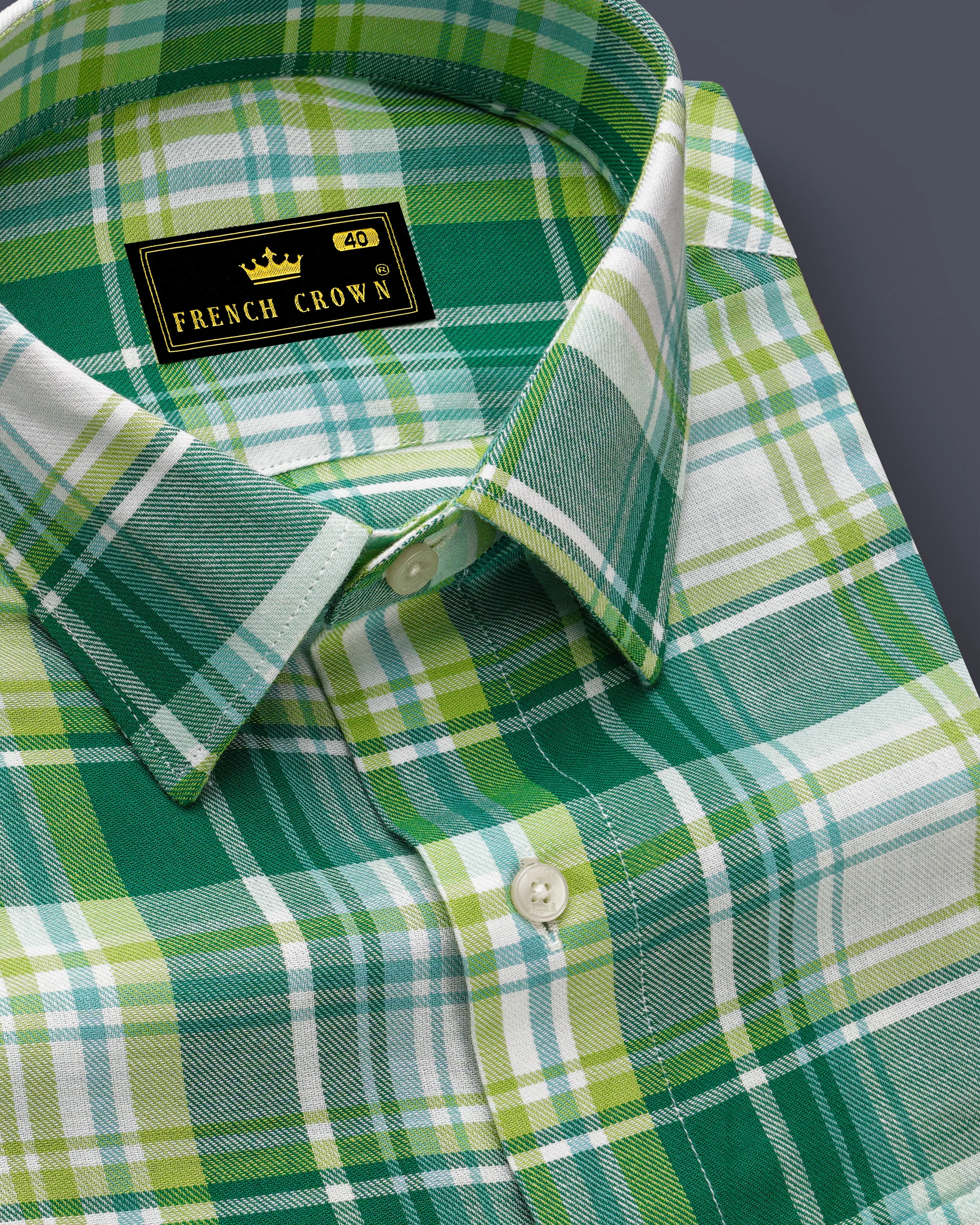 Eucalyptus Green and Light Sage Green Twill Plaid Premium Cotton Shirt sold by French Crown