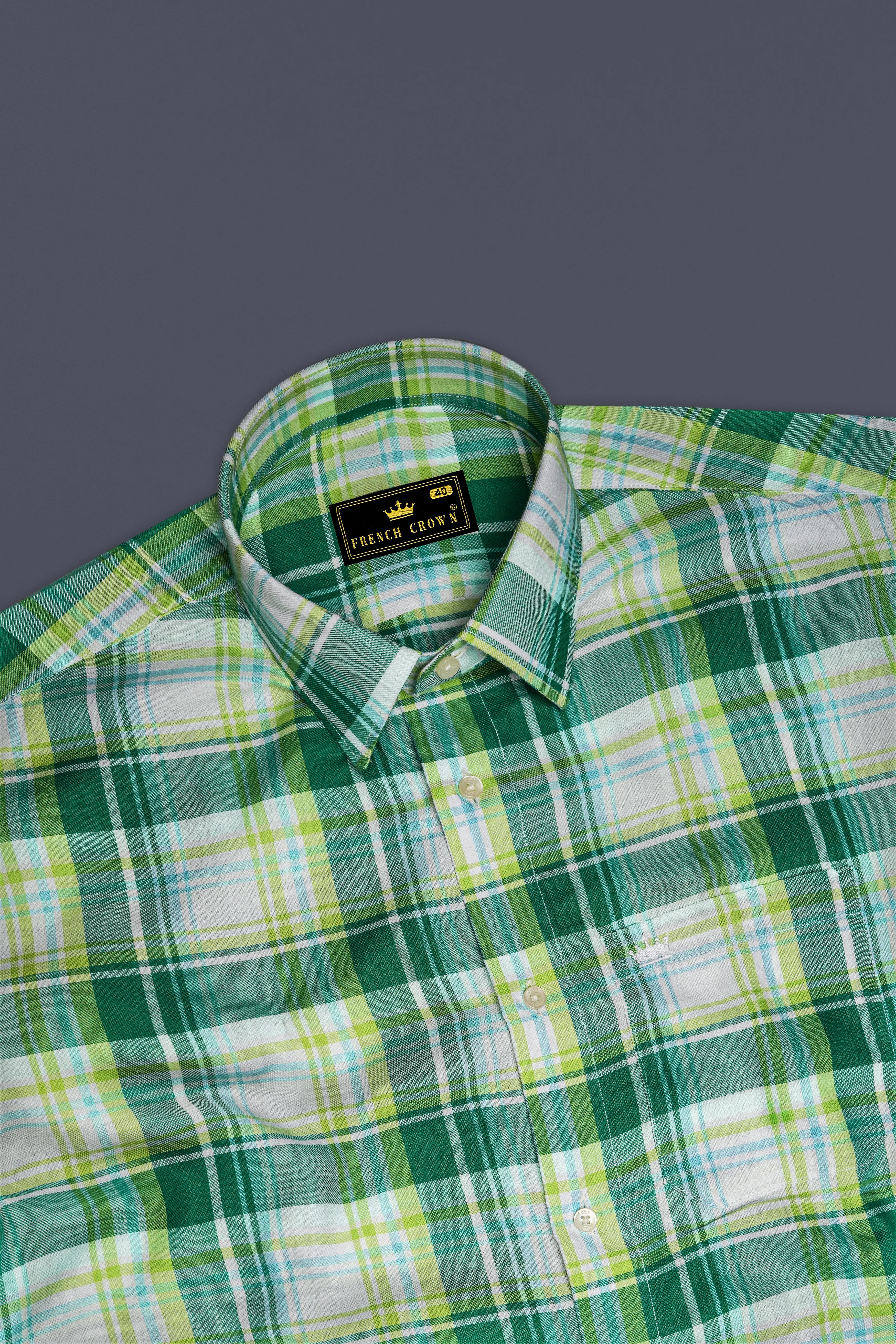 Eucalyptus Green and Light Sage Green Twill Plaid Premium Cotton Shirt sold by French Crown product image thumbnail 5