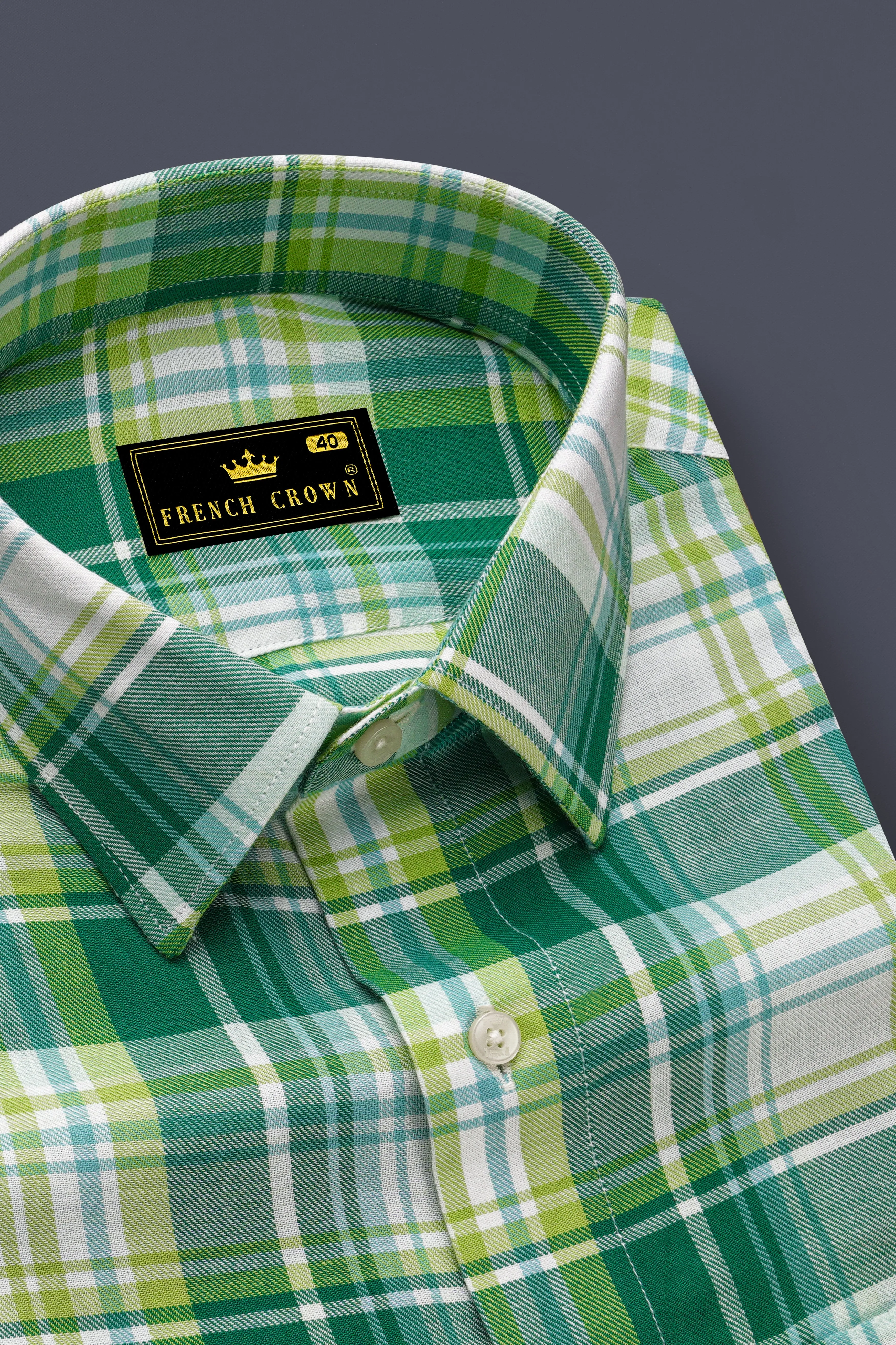 Eucalyptus Green and Light Sage Green Twill Plaid Premium Cotton Shirt sold by French Crown product image thumbnail 2