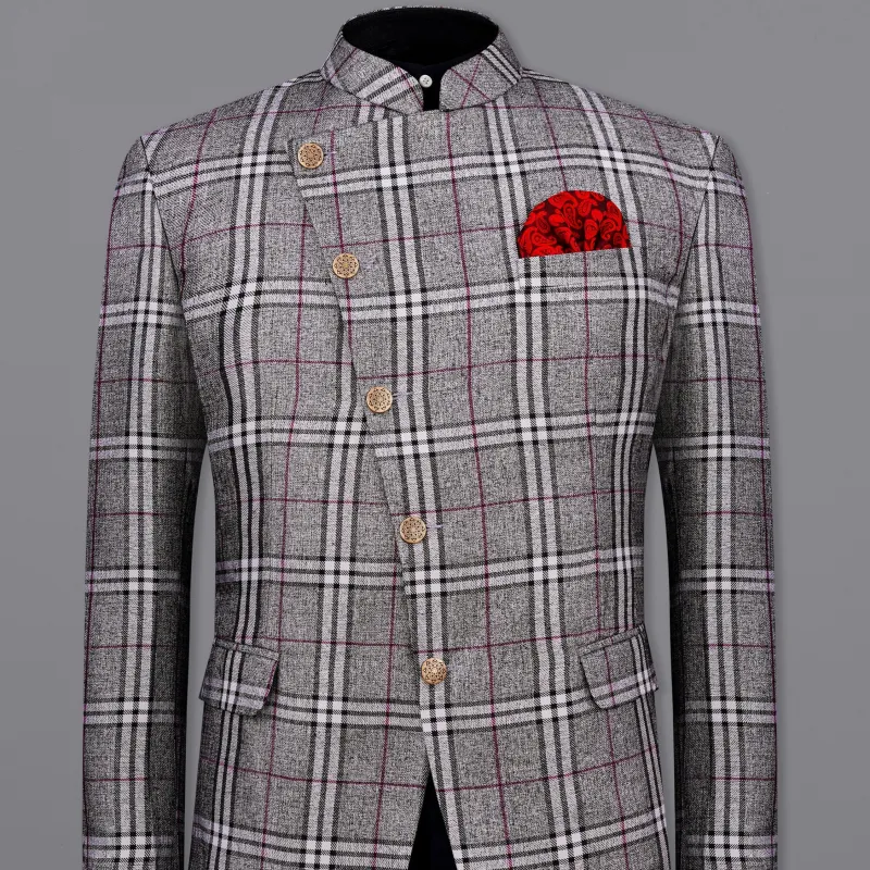 Amethyst Gray with Black Plaid Cross Placket Bandhgala Blazer sold by French Crown
