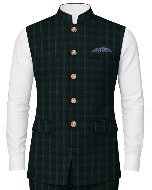 Zeus Green Plaid Bandhgala Nehru Jacket sold by French Crown