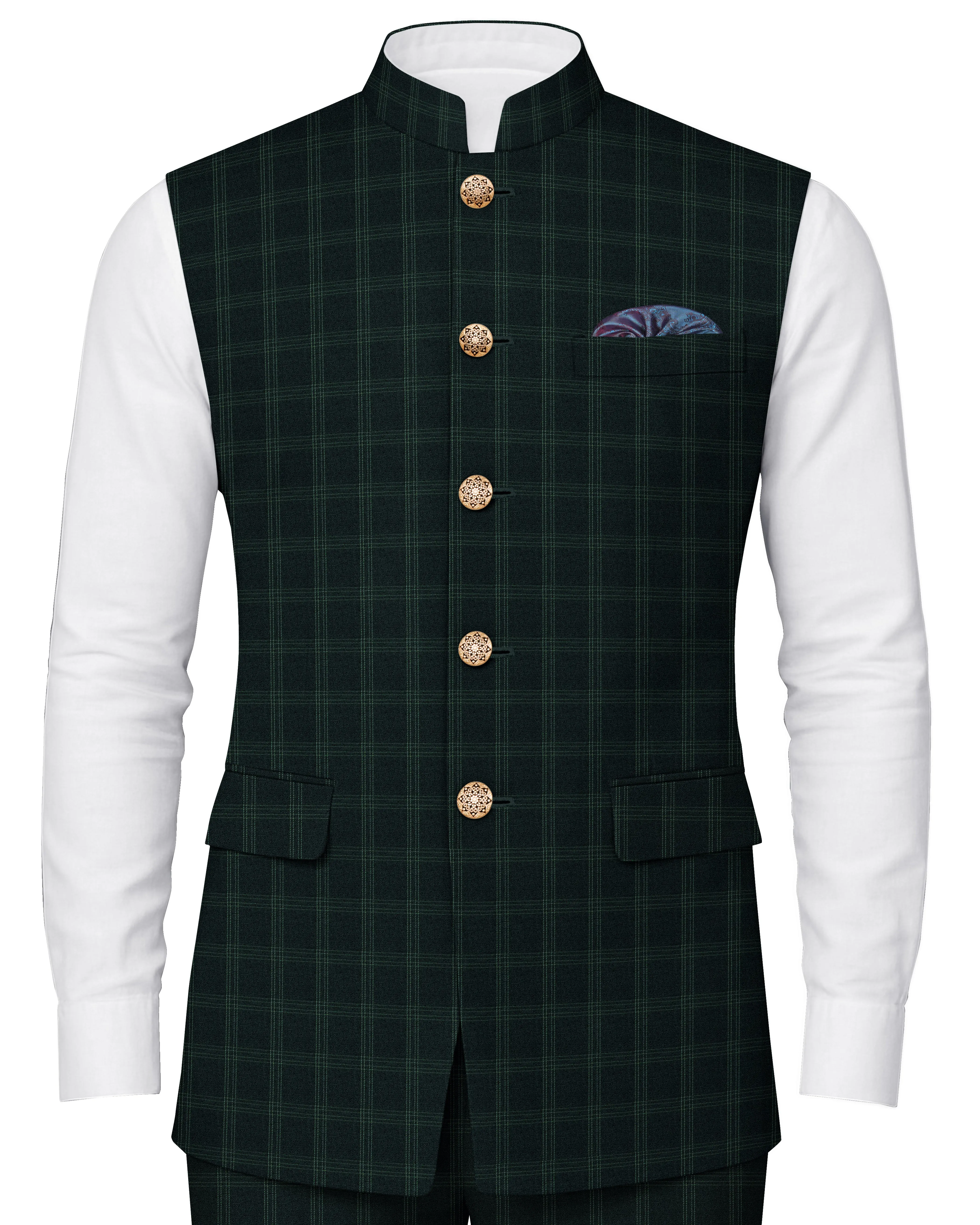 Zeus Green Plaid Bandhgala Nehru Jacket sold by French Crown