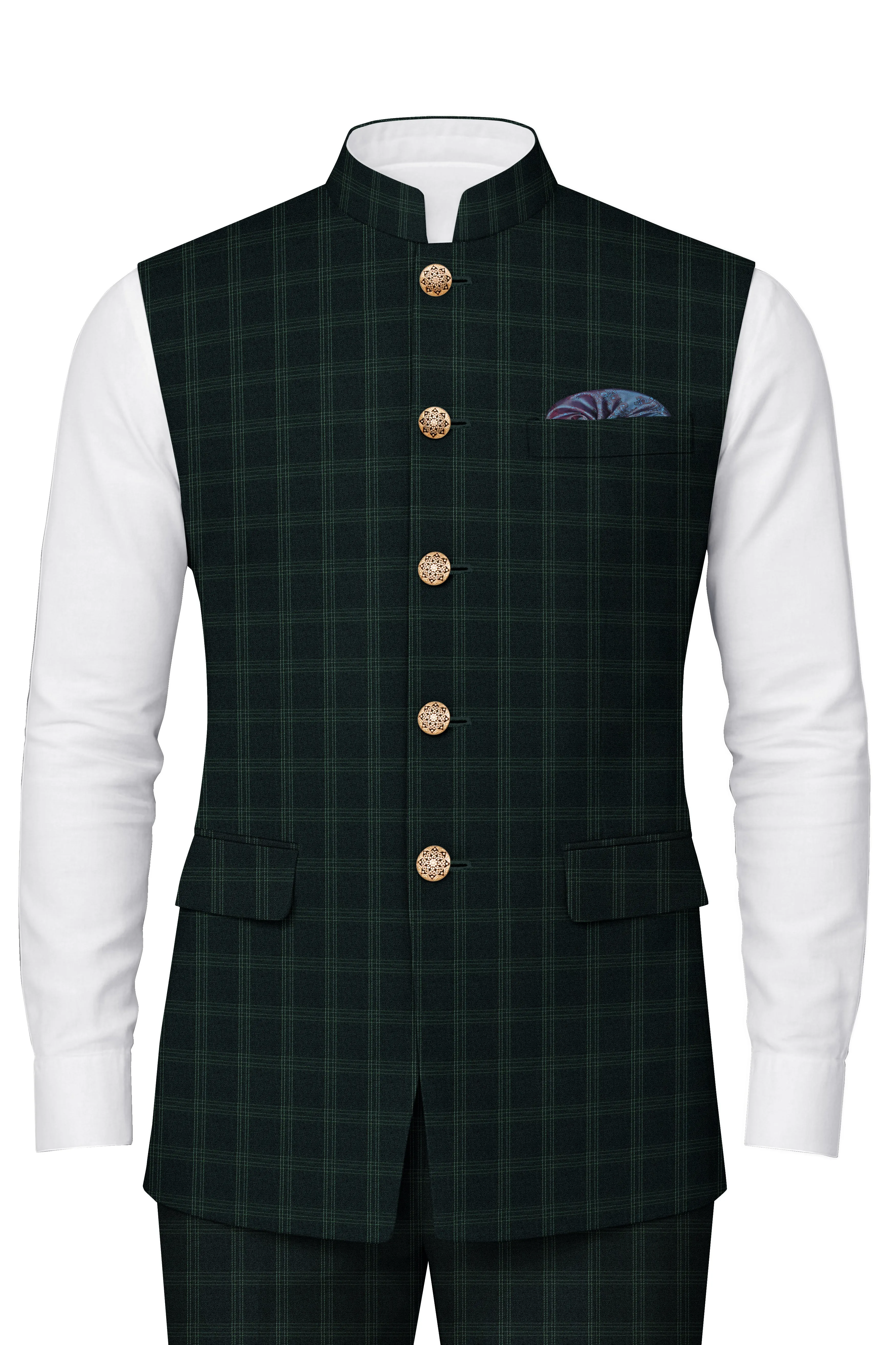 Zeus Green Plaid Bandhgala Nehru Jacket sold by French Crown product image thumbnail 2