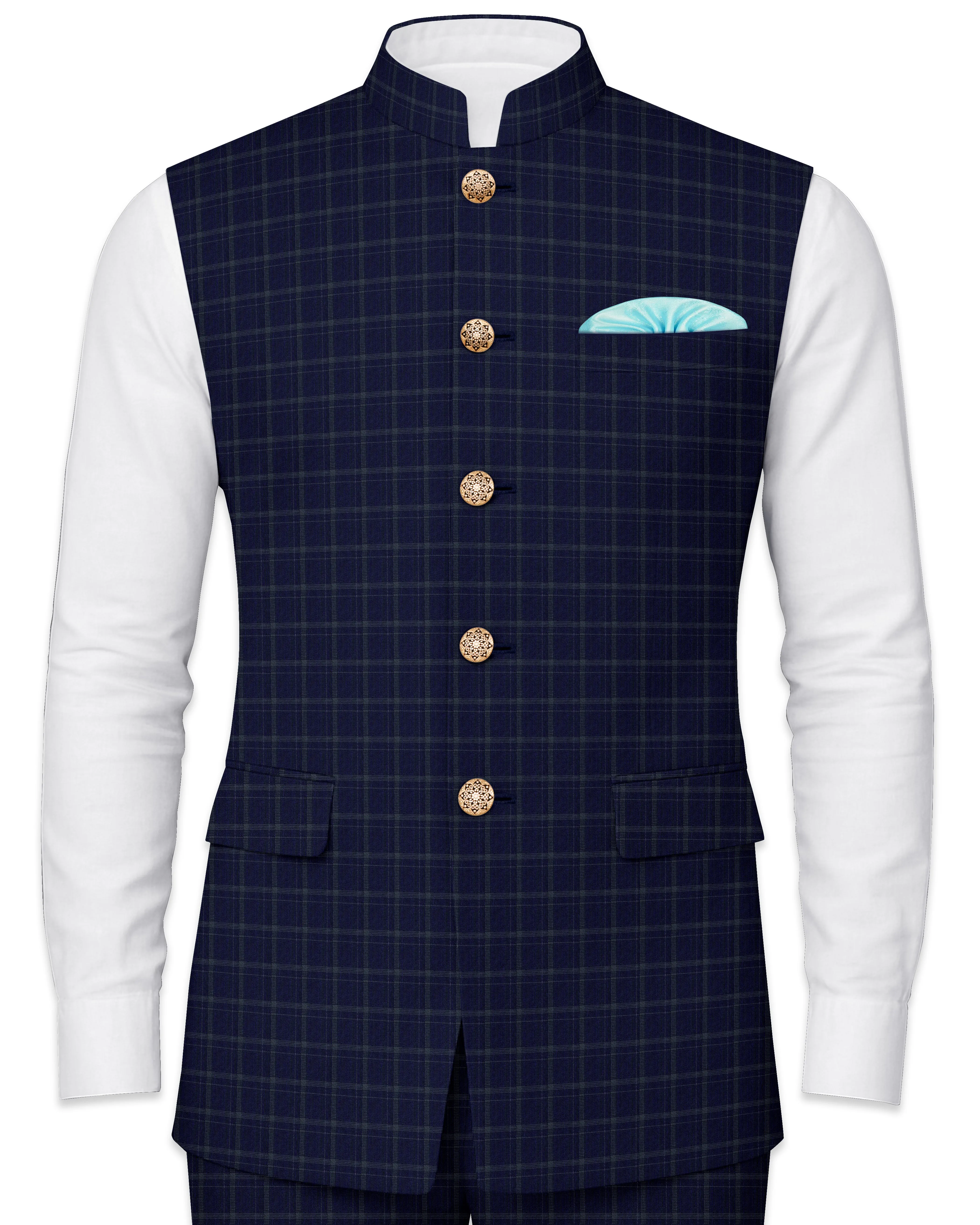 Mulled Wine Blue With Casper Gray Checkered Nehru Jacket sold by French Crown