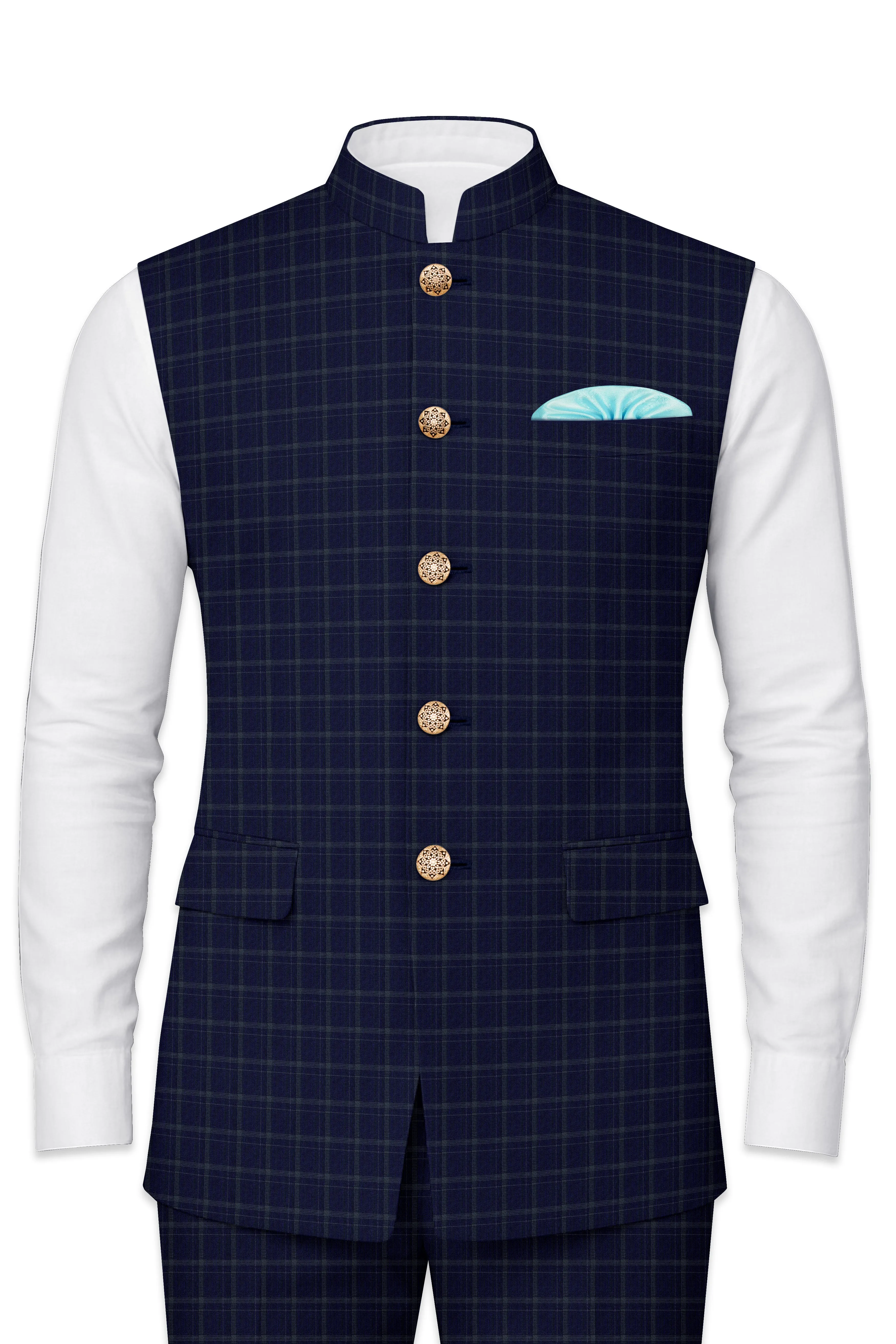 Mulled Wine Blue With Casper Gray Checkered Nehru Jacket sold by French Crown product image thumbnail 2